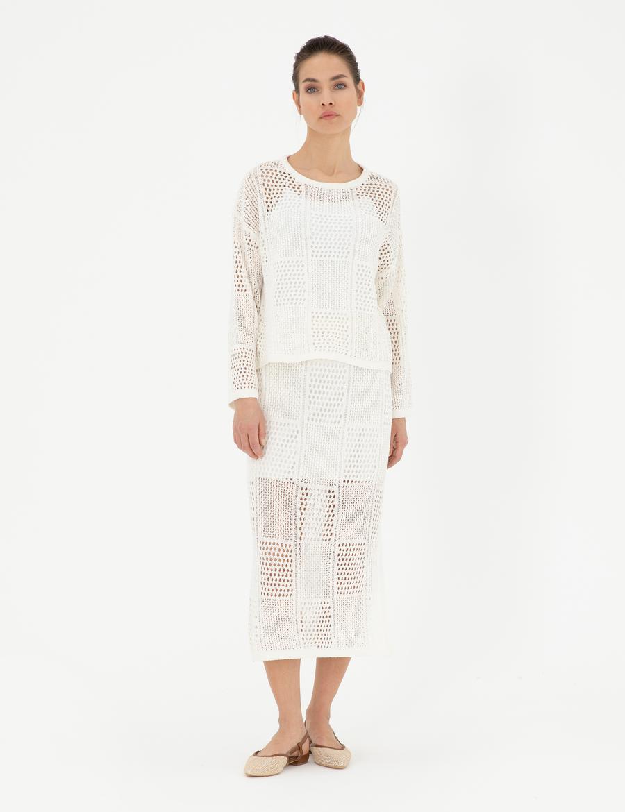 Ekru Kalem Fit Triko Etek