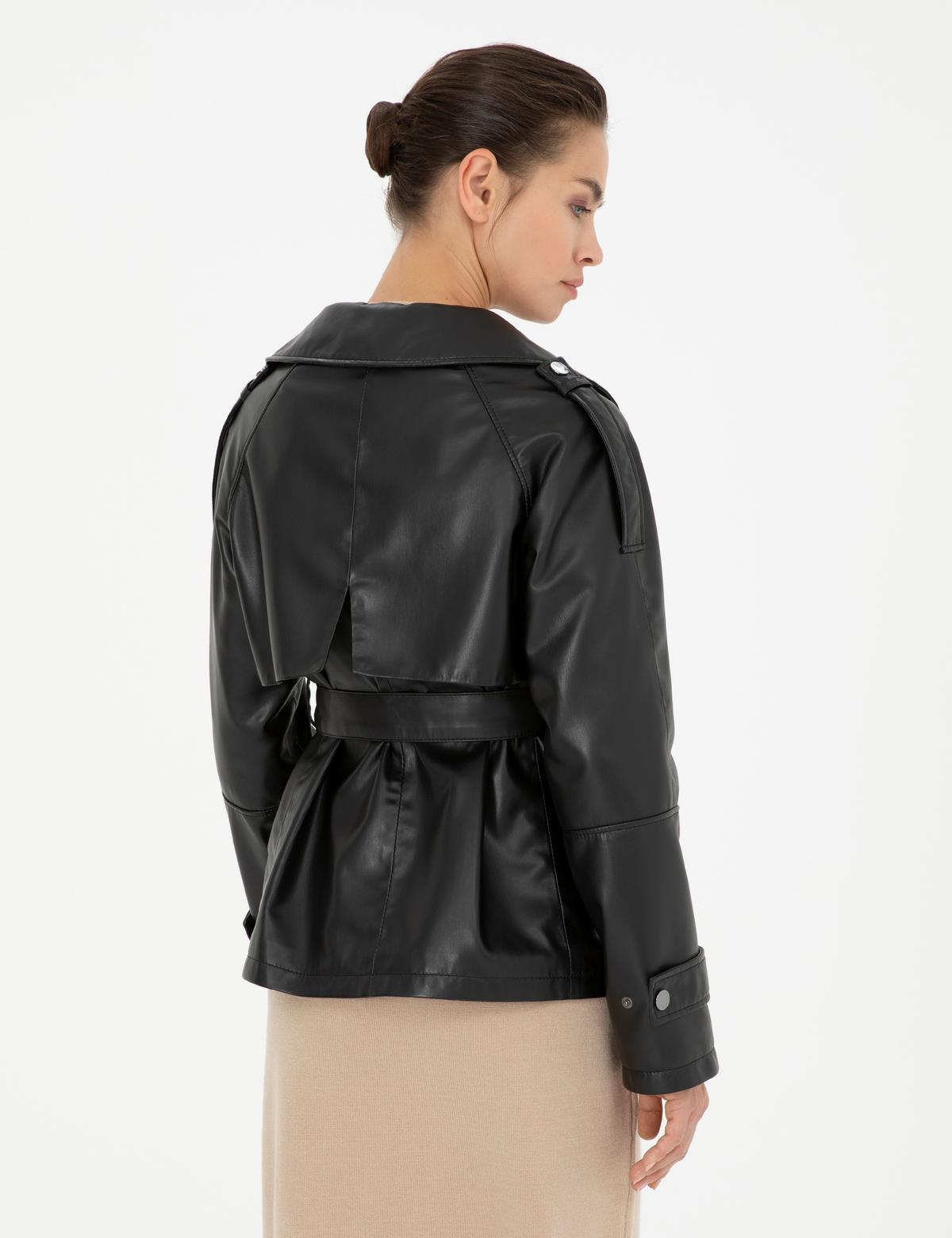 Siyah Regular Fit Suni Deri Ceket - 50273596005