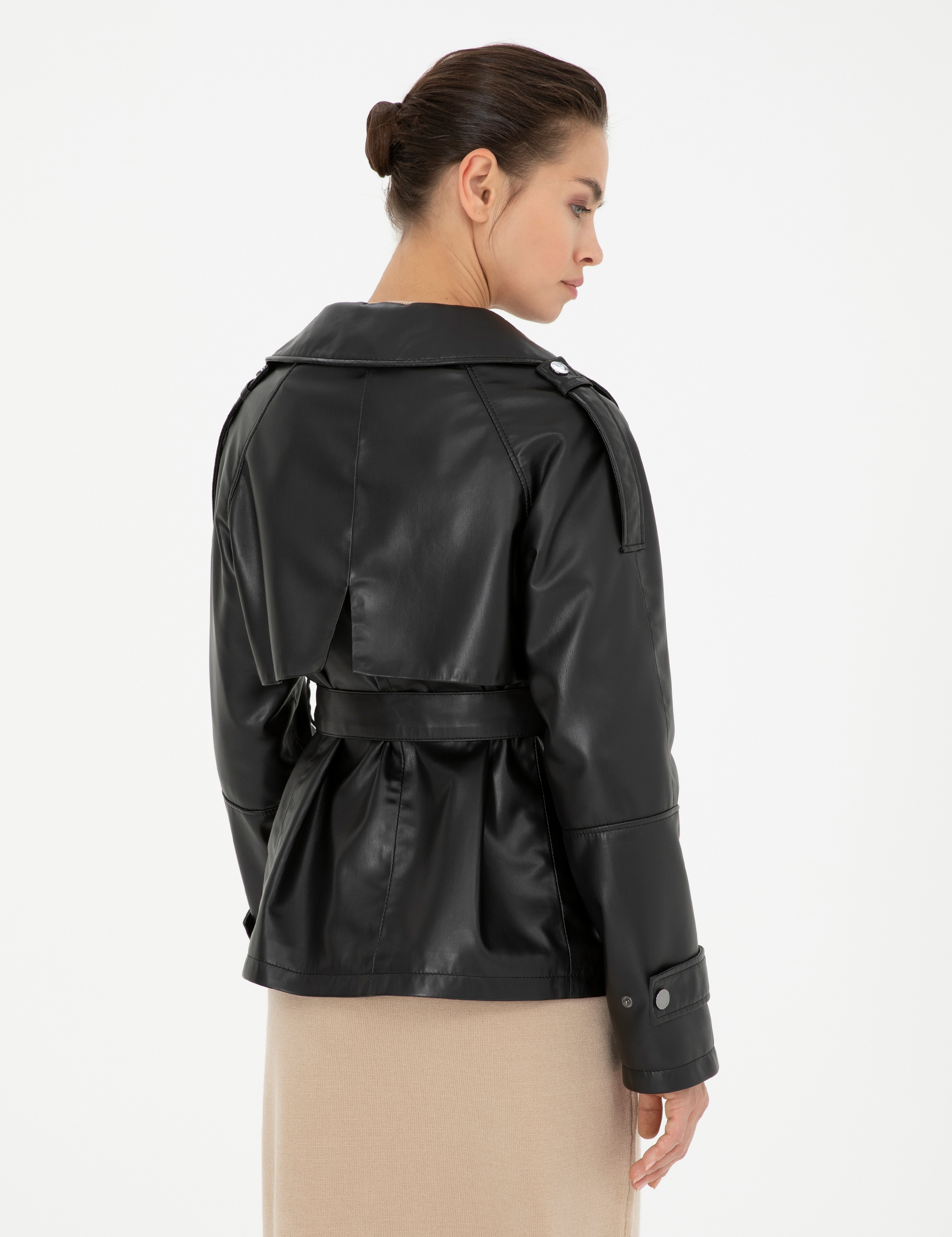 Siyah Regular Fit Suni Deri Ceket - Image 5