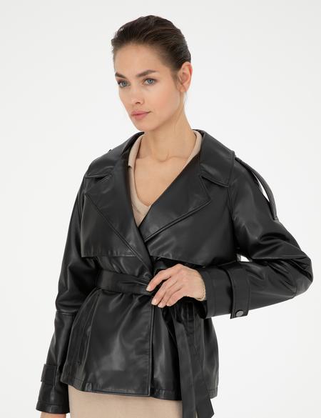 Siyah Regular Fit Suni Deri Ceket - 50273596005