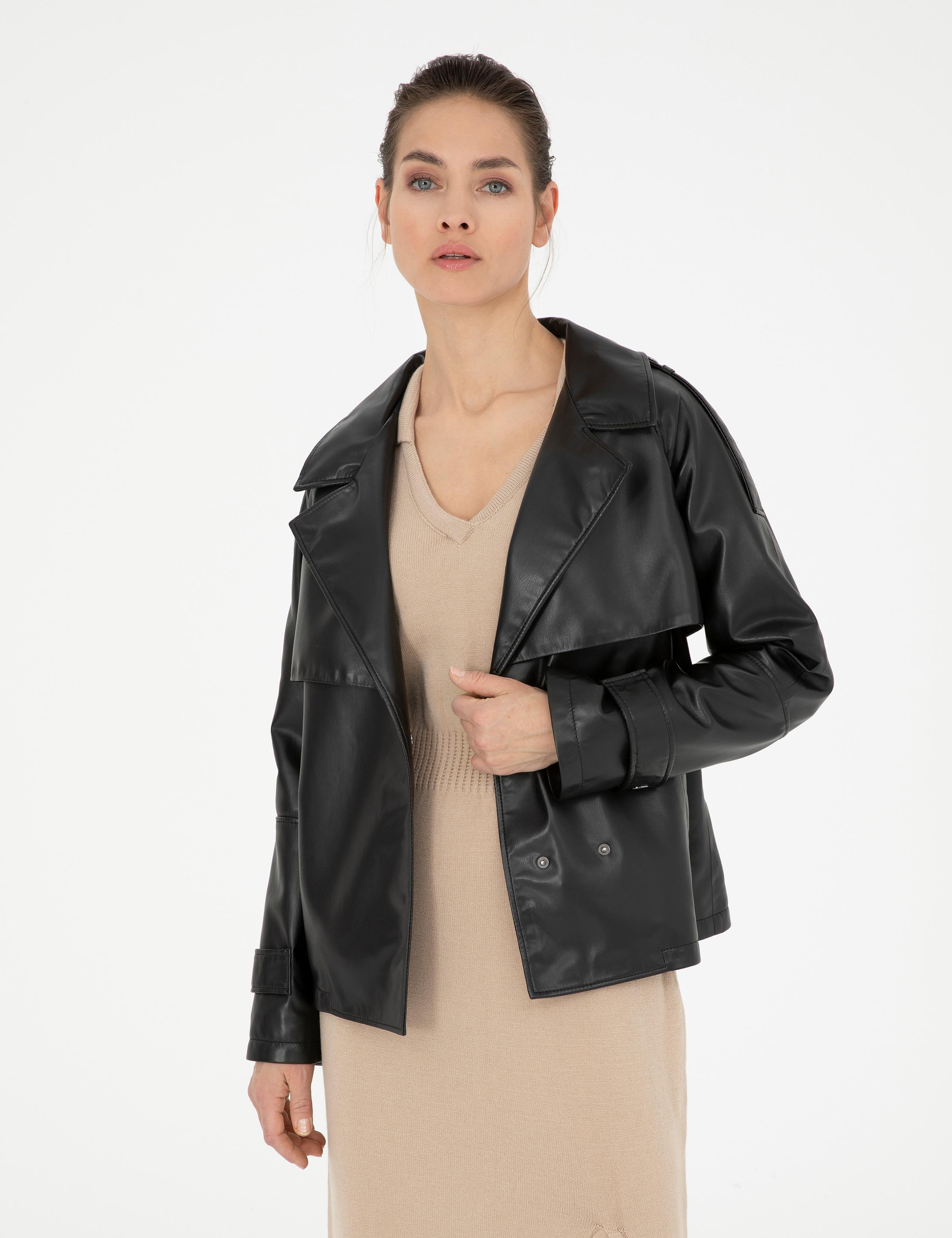 Siyah Regular Fit Suni Deri Ceket