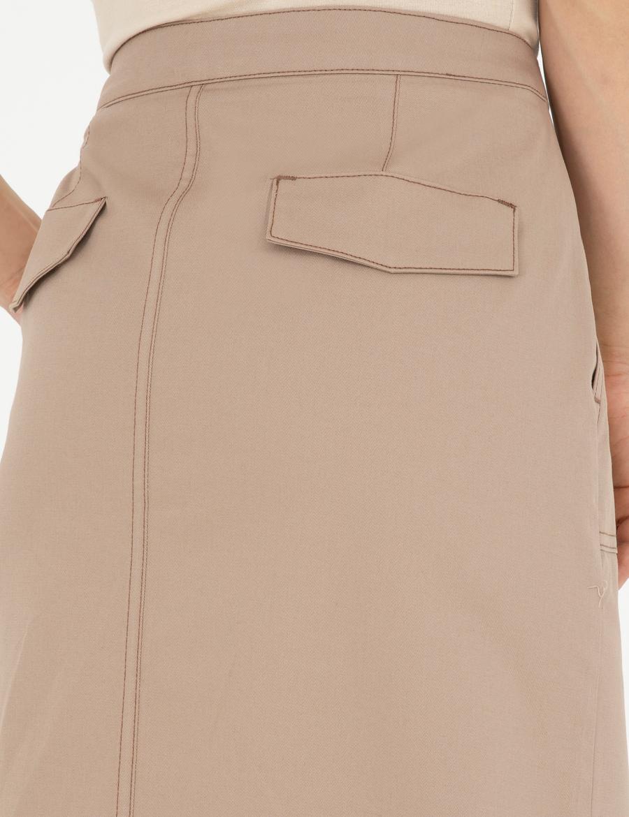 Bej Yırtmaç Detaylı Dokuma Etek