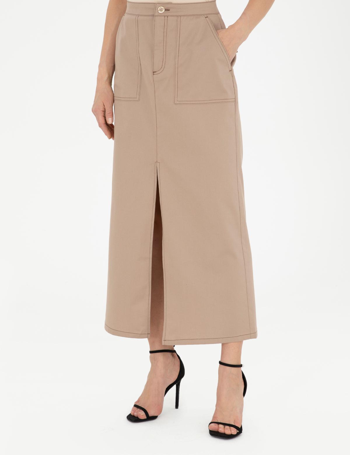 Bej Yırtmaç Detaylı Dokuma Etek - 50284030014