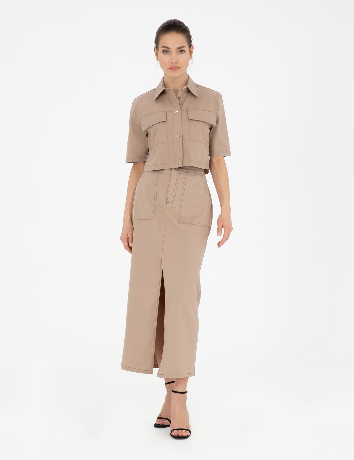 Bej Yırtmaç Detaylı Dokuma Etek - 50284030014