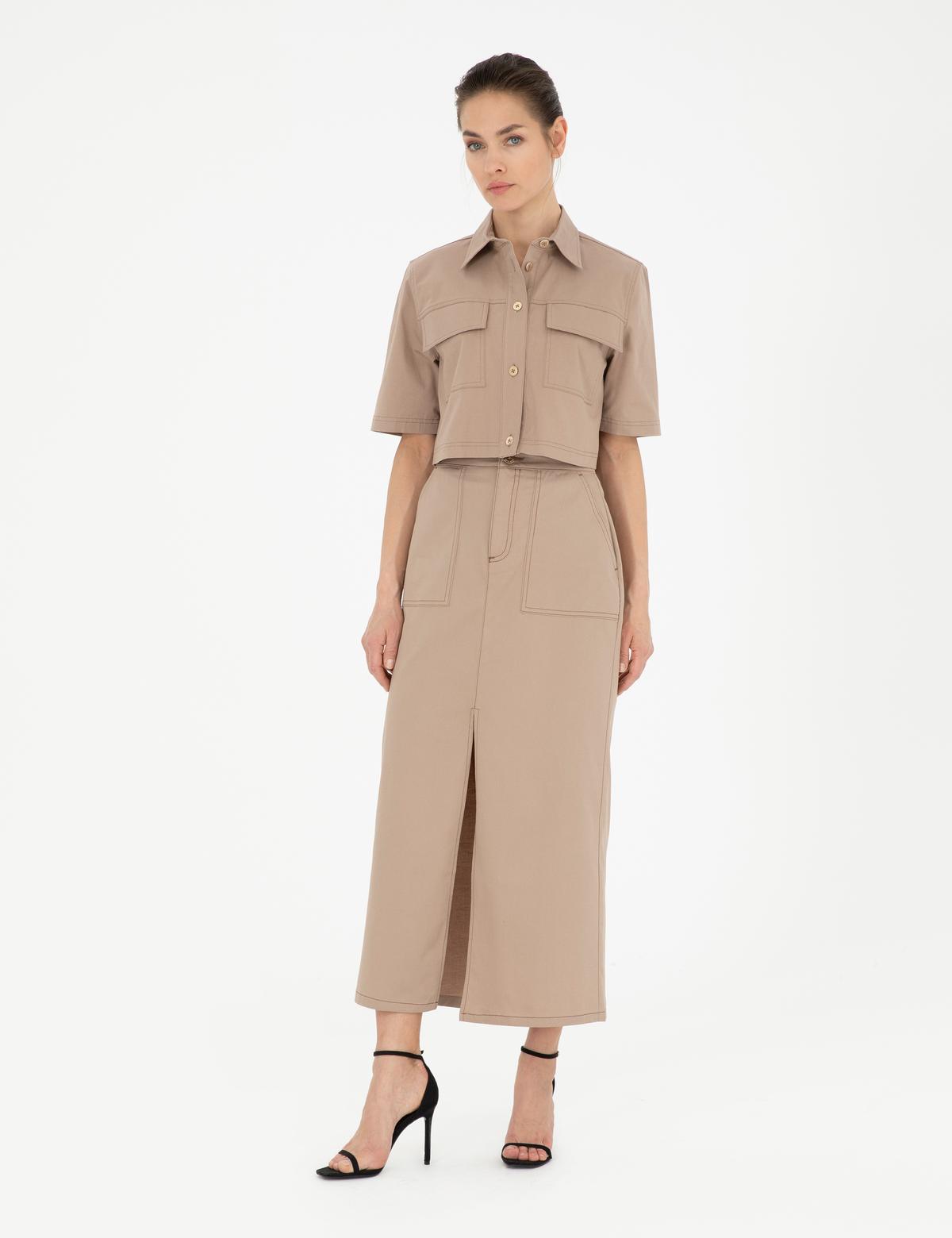 Bej Yırtmaç Detaylı Dokuma Etek