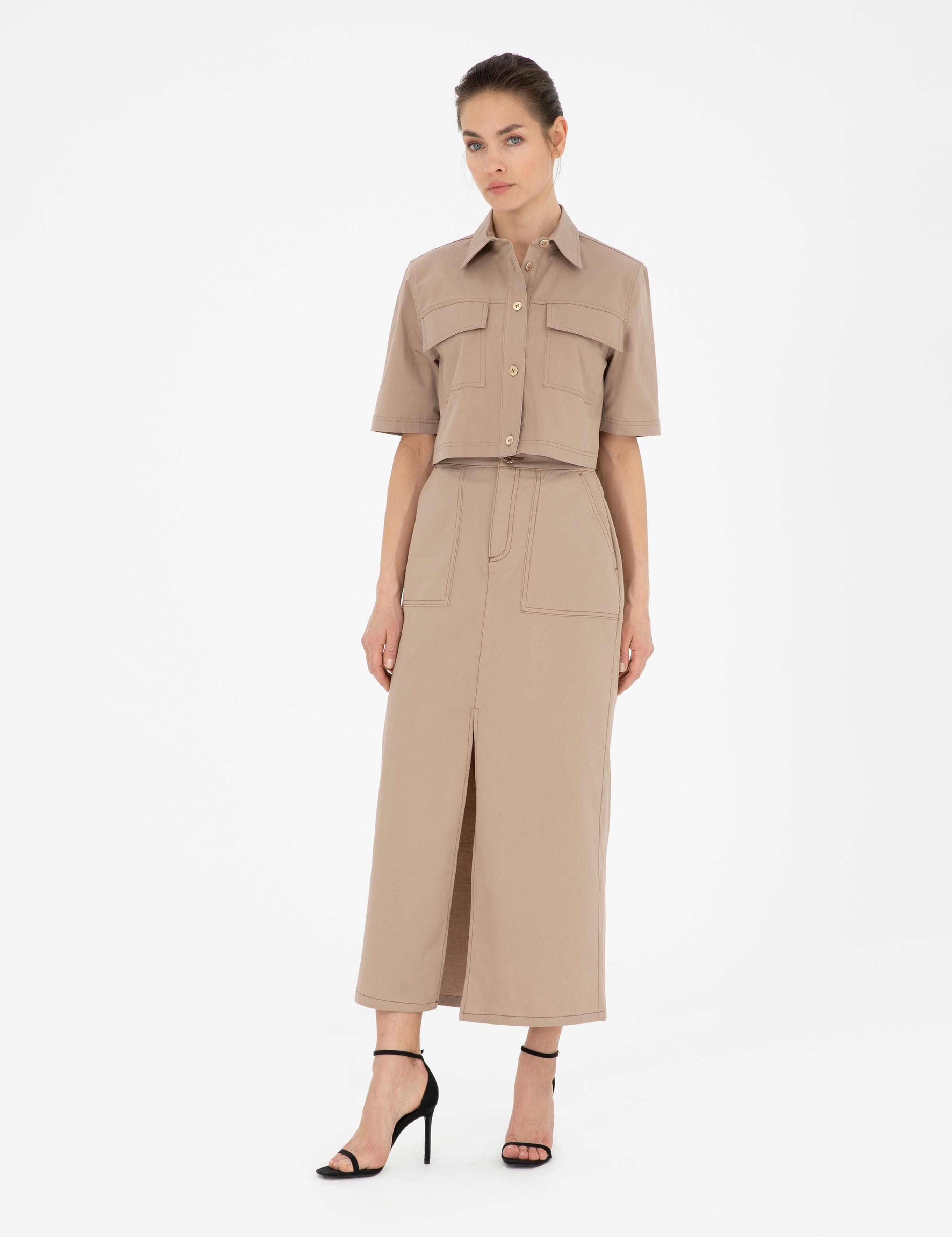 Bej Yırtmaç Detaylı Dokuma Etek