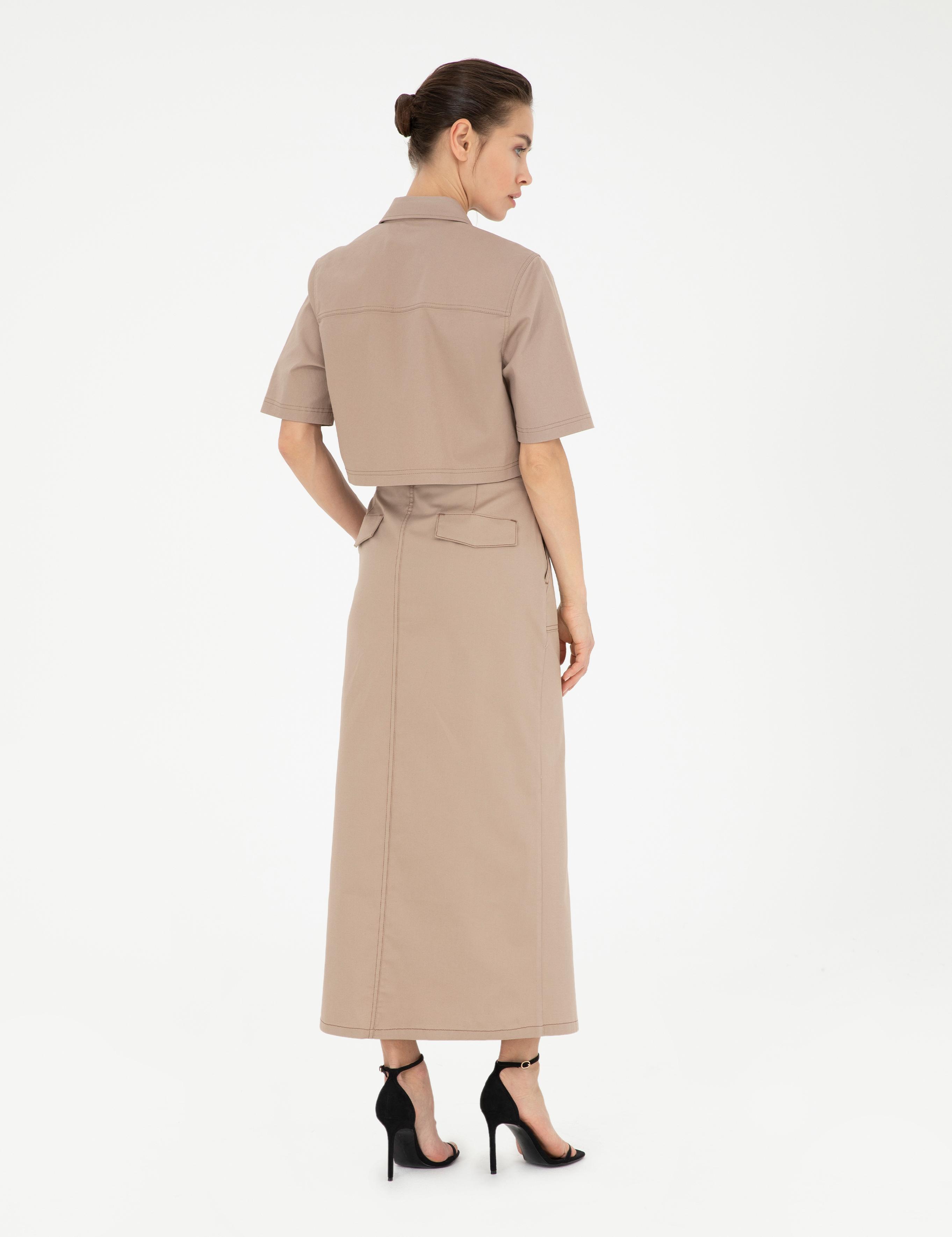 Bej Yırtmaç Detaylı Dokuma Etek