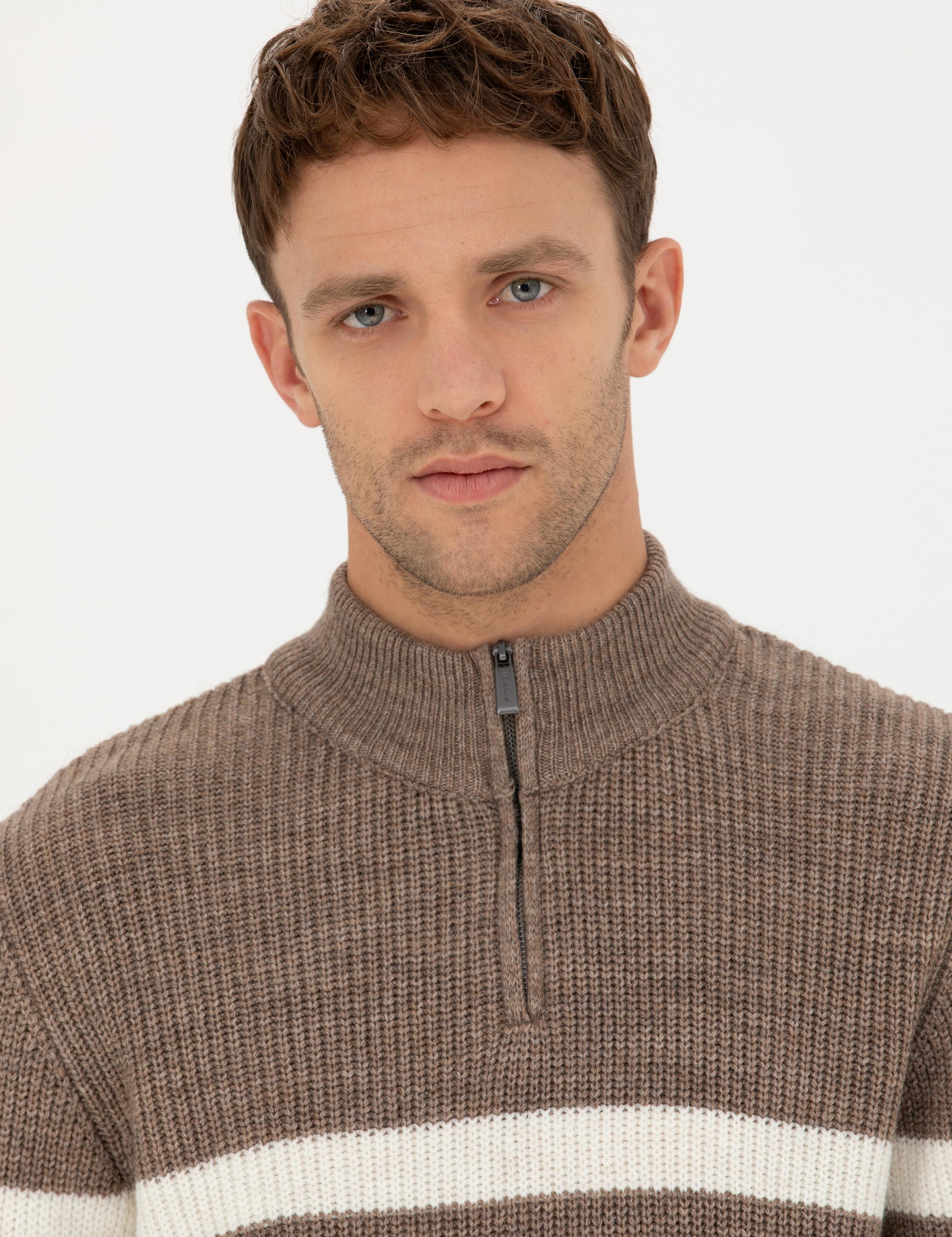 Vizon Melanj Slim Fit Fermuarlı Dik Yaka Triko Kazak