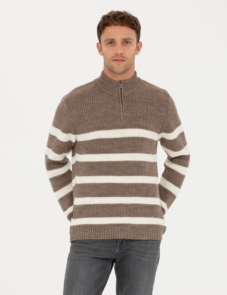 Vizon Melanj Slim Fit Fermuarlı Dik Yaka Triko Kazak - 50278101001