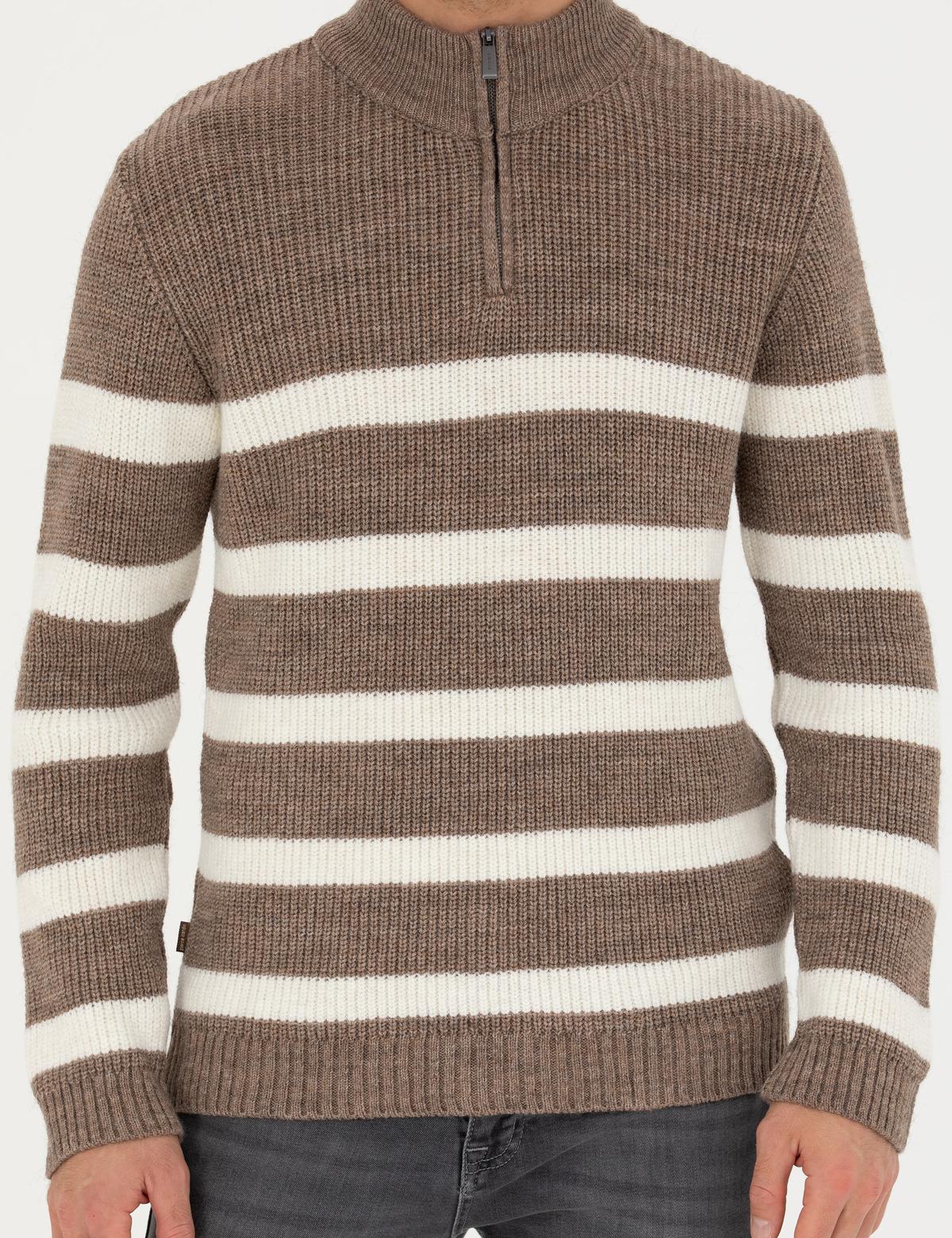 Vizon Melanj Slim Fit Fermuarlı Dik Yaka Triko Kazak - 50278101001