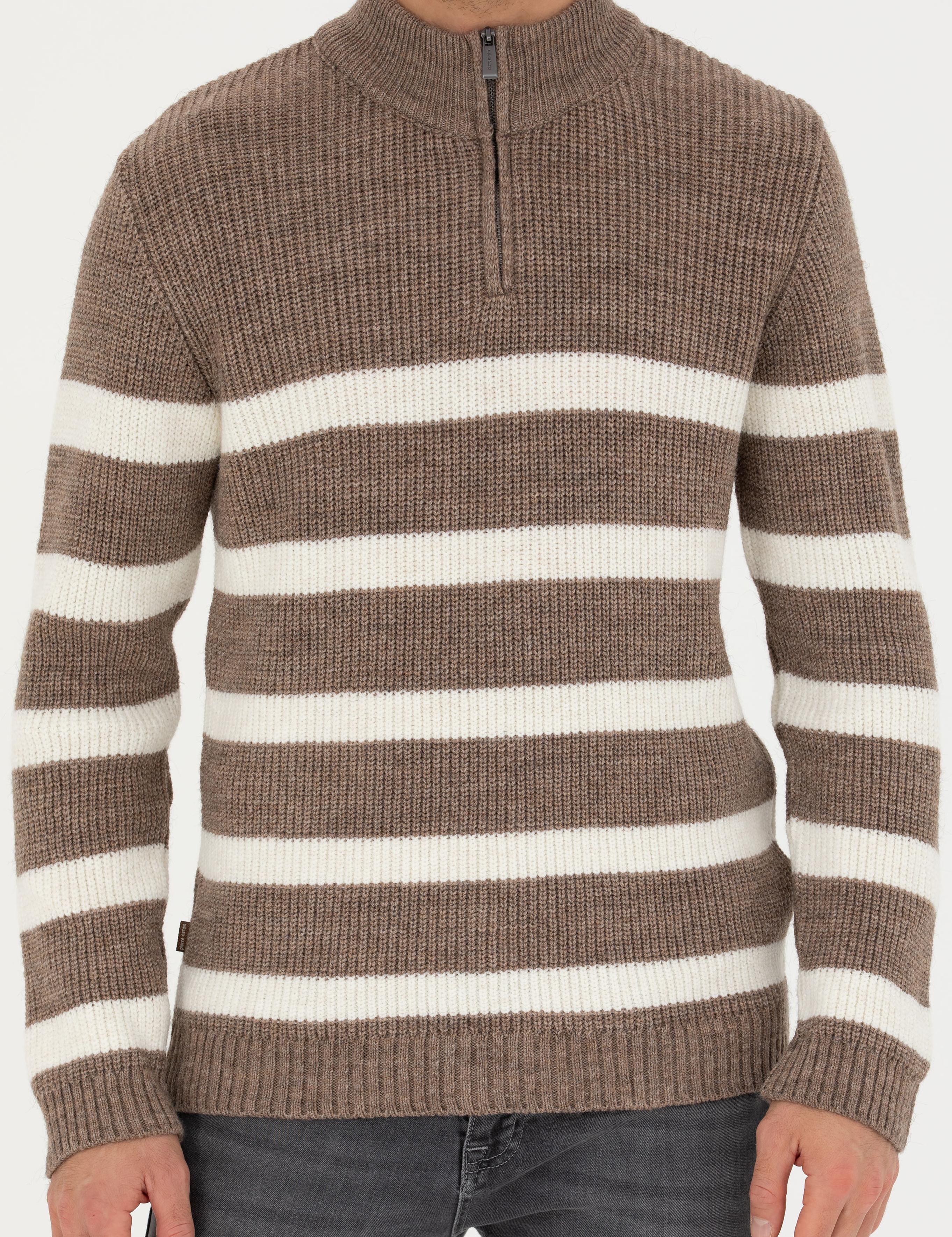 Vizon Melanj Slim Fit Fermuarlı Dik Yaka Triko Kazak