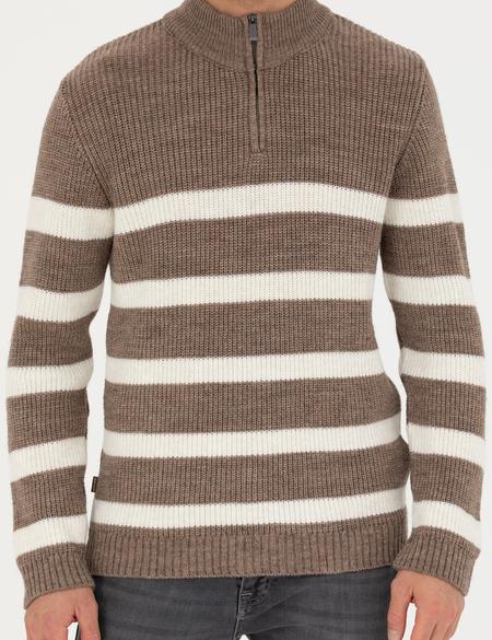 Vizon Melanj Slim Fit Fermuarlı Dik Yaka Triko Kazak - 50278101001