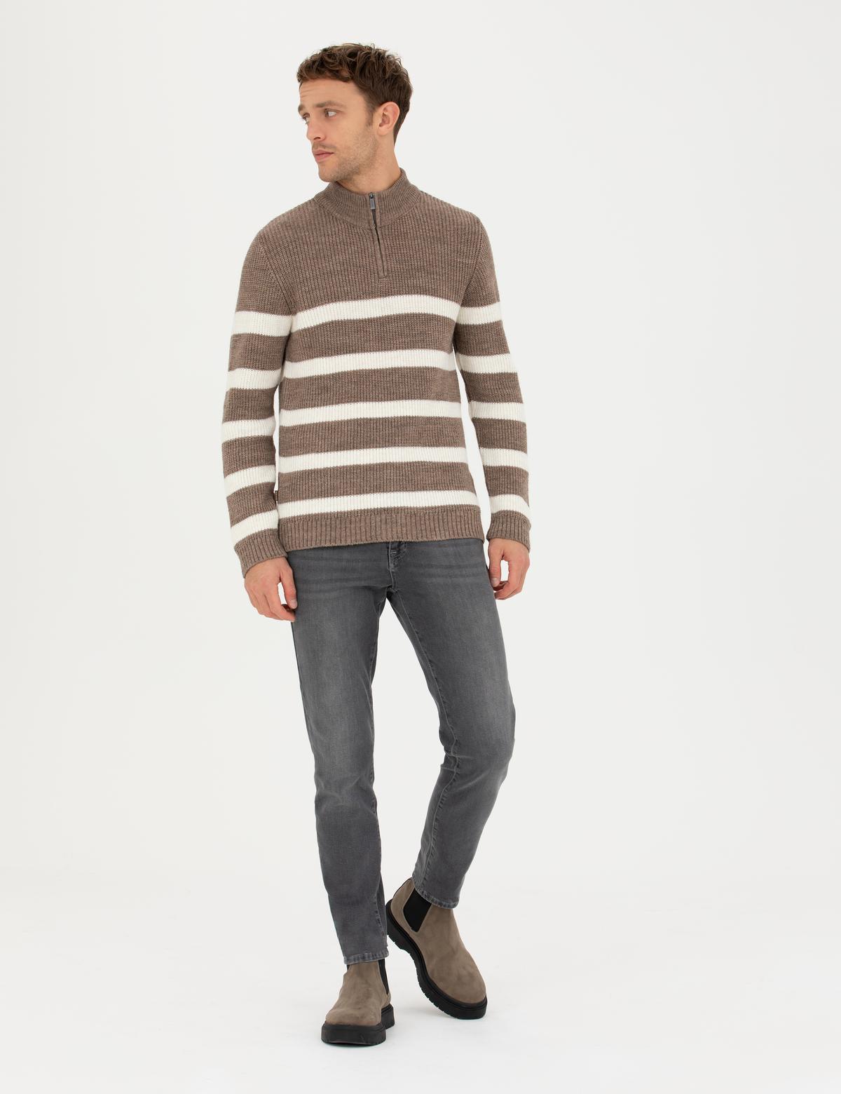 Vizon Melanj Slim Fit Fermuarlı Dik Yaka Triko Kazak - 50278101001