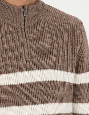 Vizon Melanj Slim Fit Fermuarlı Dik Yaka Triko Kazak