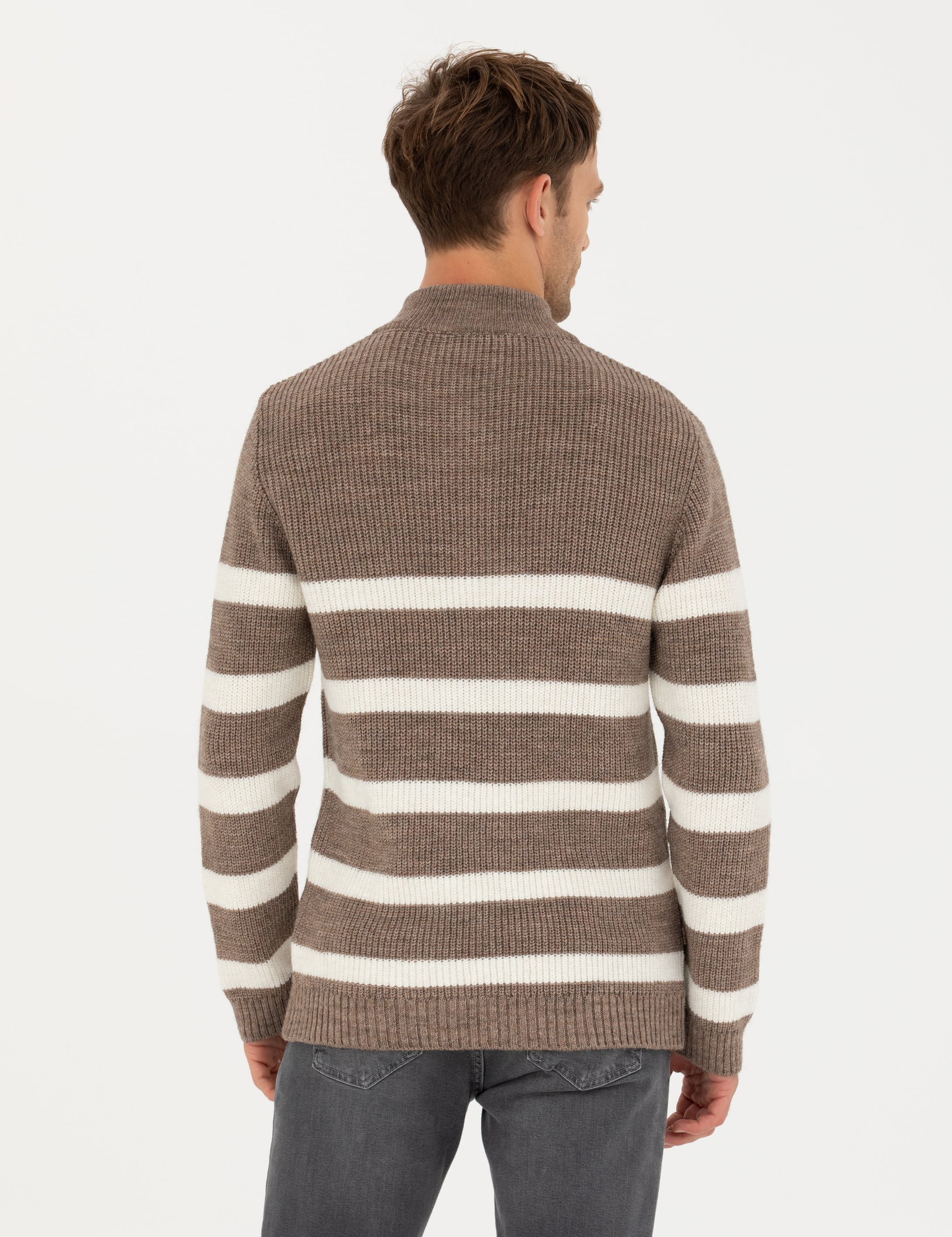 Pierre Cardin Vizon Melanj Slim Fit Fermuarlı Dik Yaka Triko Kazak görsel 5