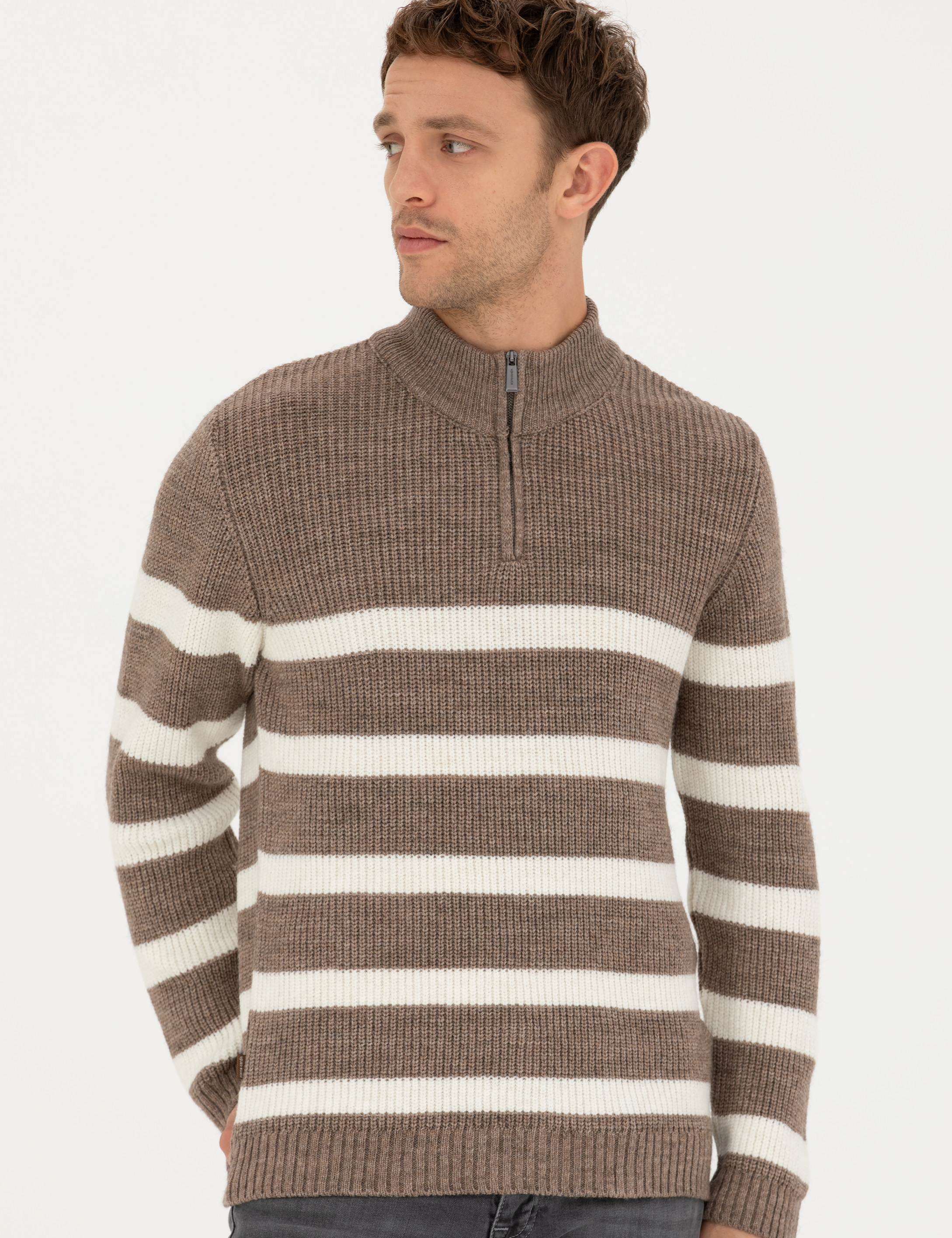 Pierre Cardin Vizon Melanj Slim Fit Fermuarlı Dik Yaka Triko Kazak görsel 3
