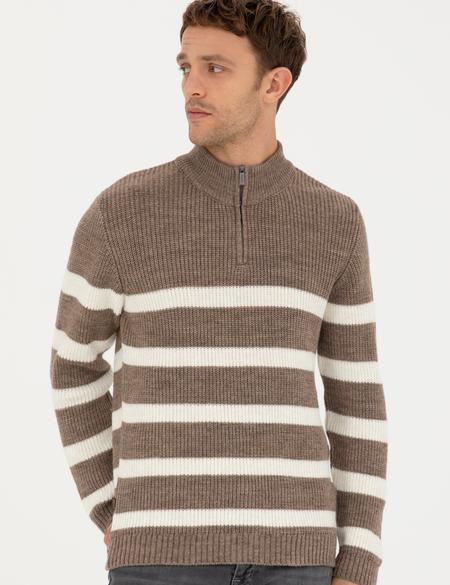 Vizon Melanj Slim Fit Fermuarlı Dik Yaka Triko Kazak - 50278101001