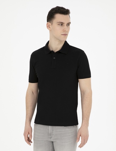Siyah Slim Fit %100 Pamuk Basic Düğmeli Polo Yaka Basic Tişört
