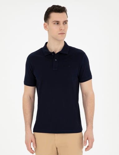 Lacivert Slim Fit %100 Pamuk Basic Düğmeli Polo Yaka Basic Tişört
