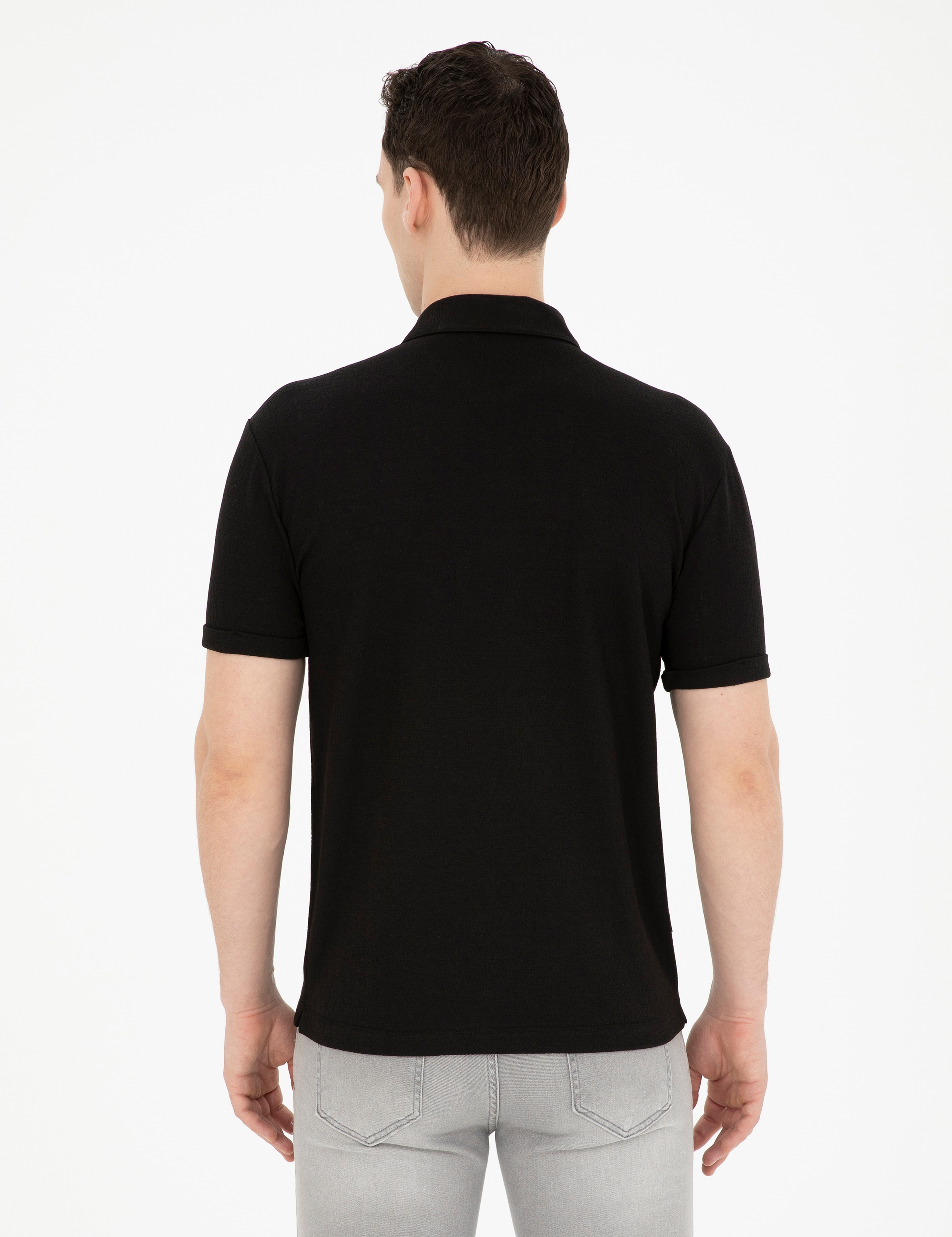 Siyah Slim Fit Fermuarlı Polo Yaka Tişört - Image 5