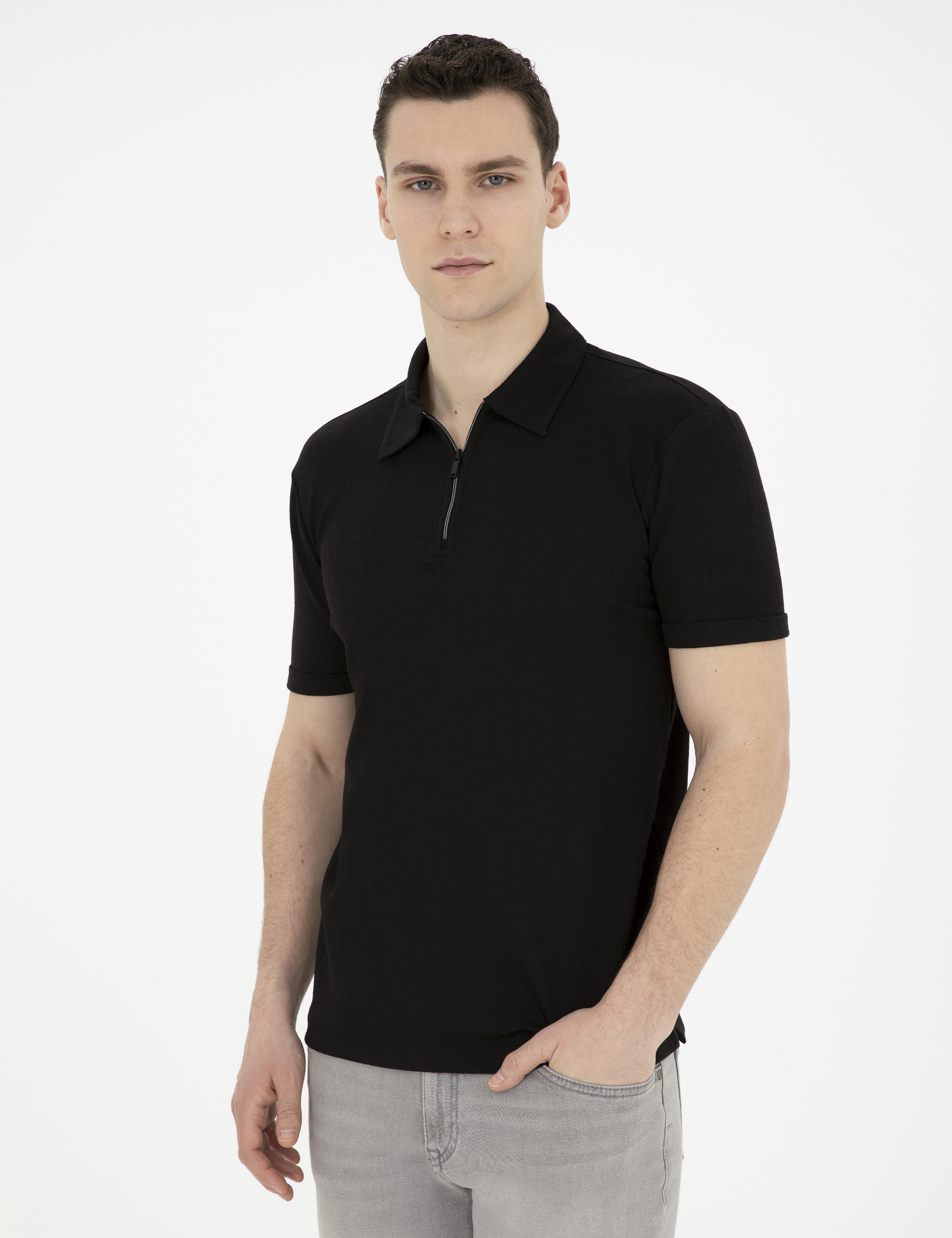 Siyah Slim Fit Fermuarlı Polo Yaka Tişört - Image 3