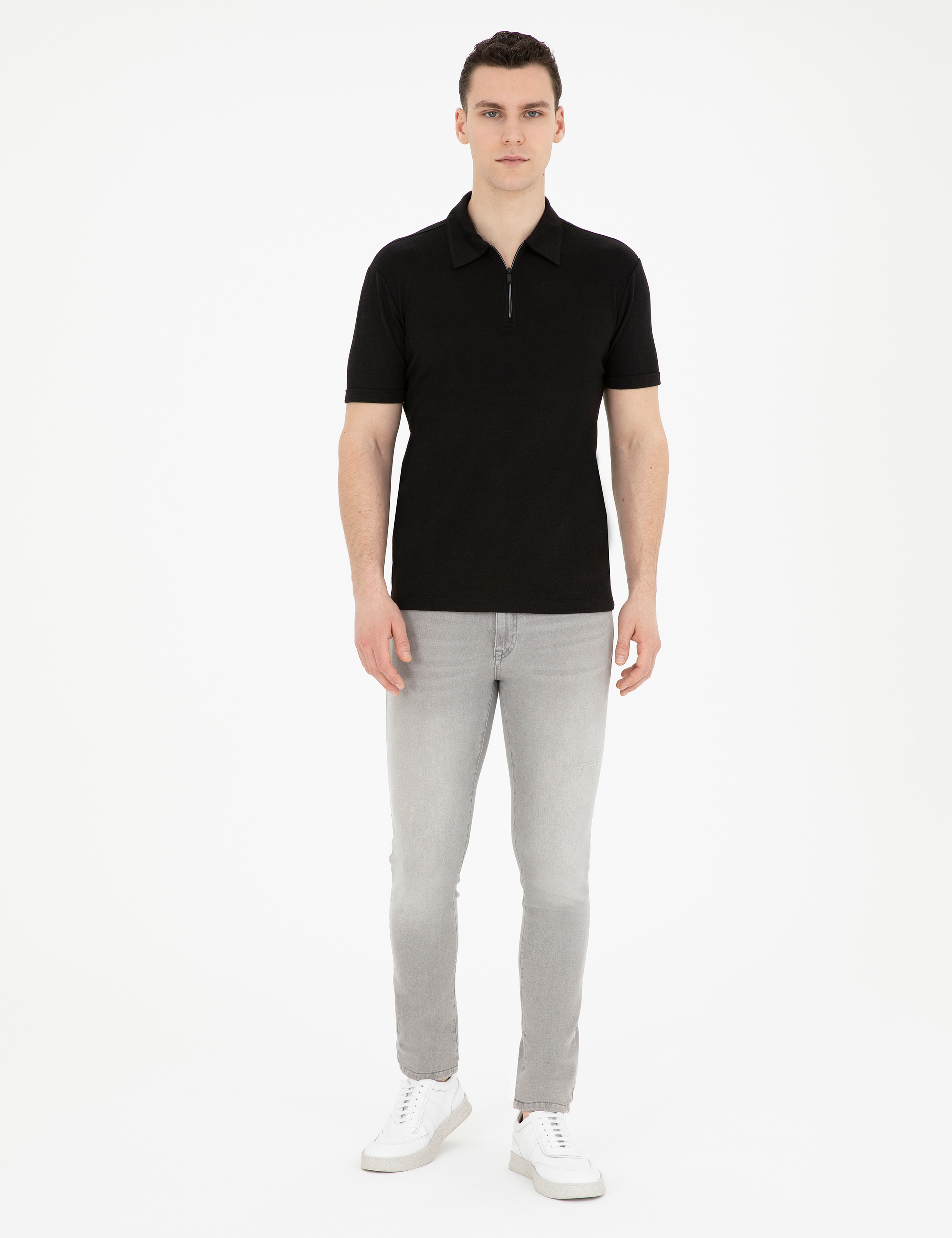 Siyah Slim Fit Fermuarlı Polo Yaka Tişört - Image 4