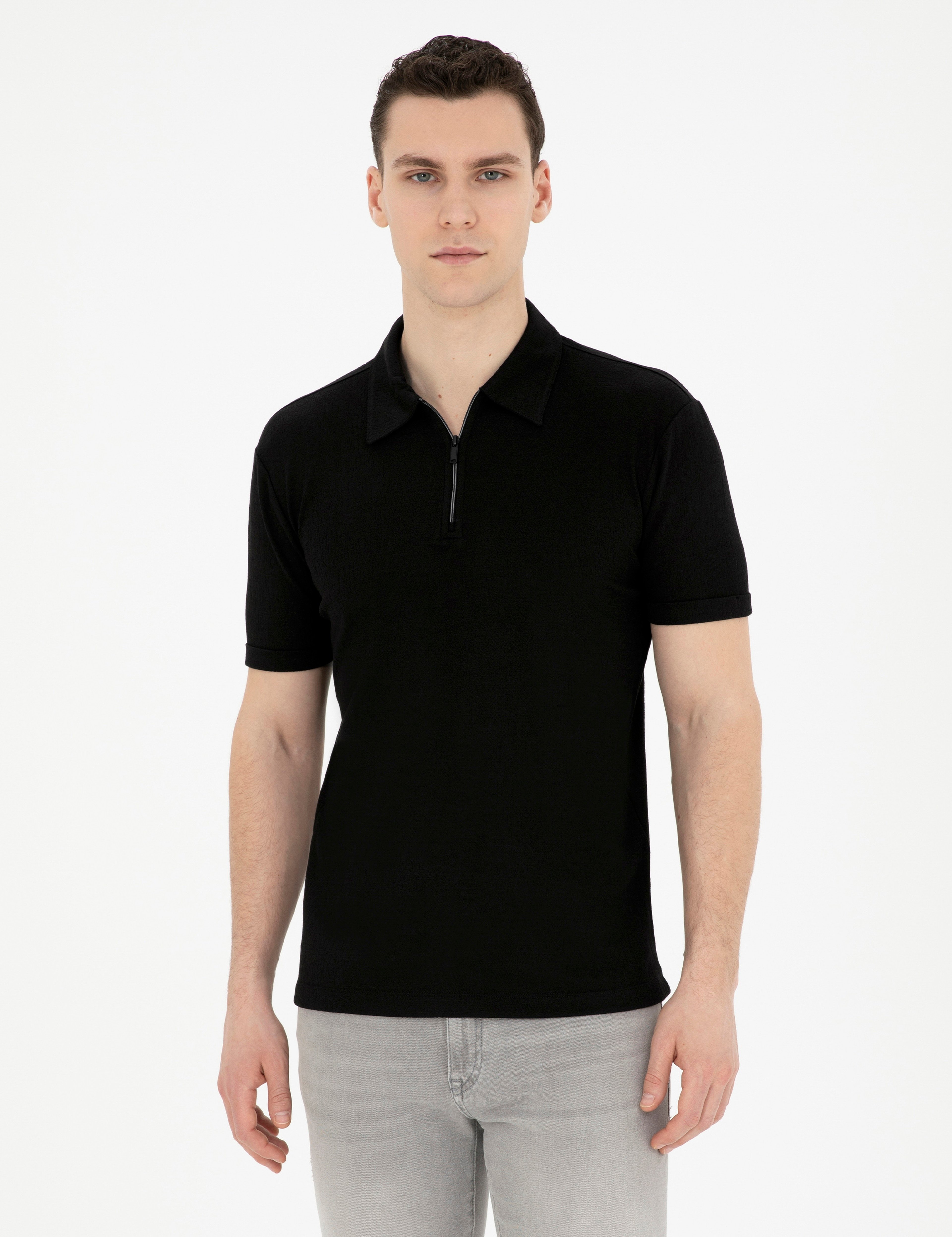 Siyah Slim Fit Fermuarlı Polo Yaka Tişört - Image 1