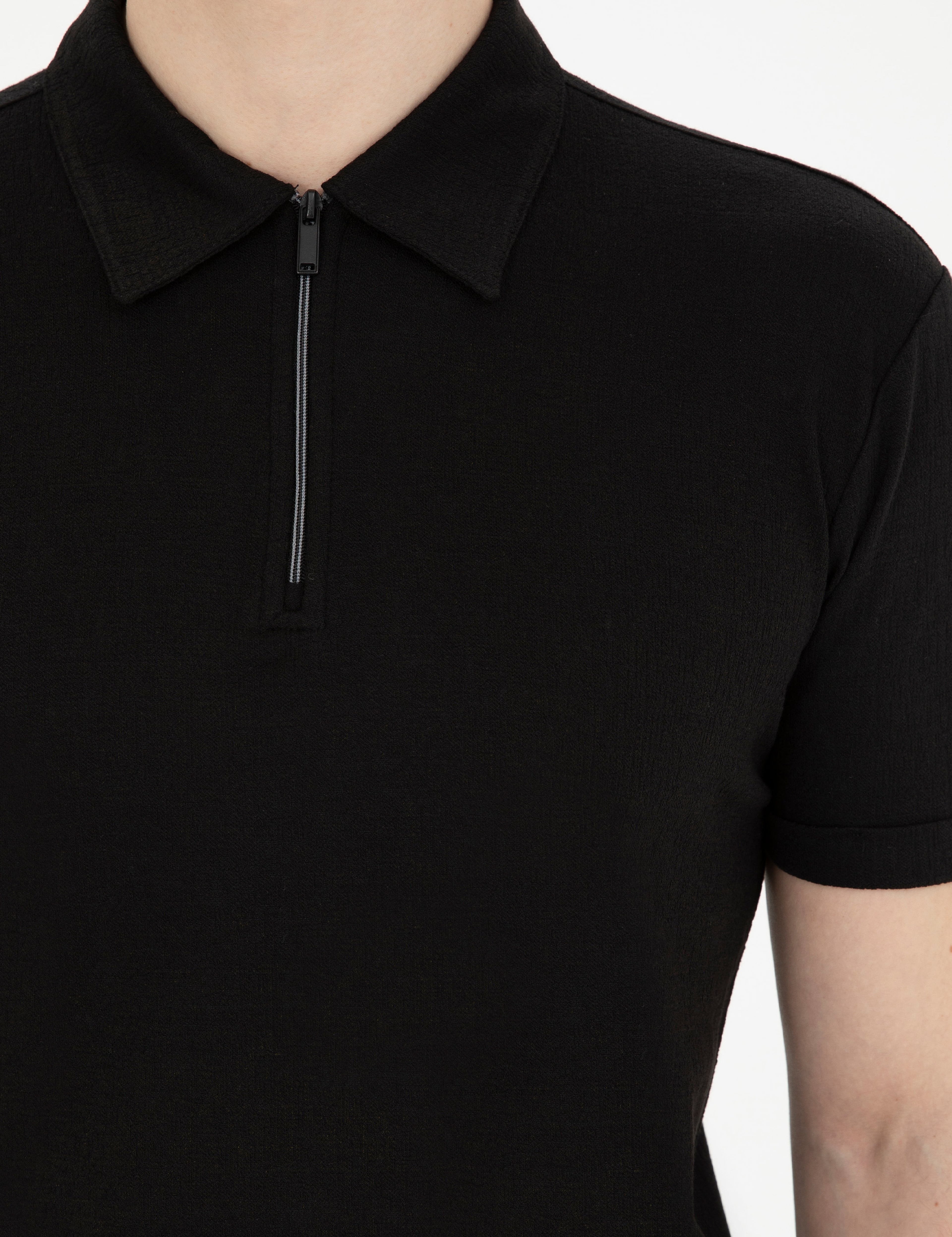 Siyah Slim Fit Fermuarlı Polo Yaka Tişört - Image 7