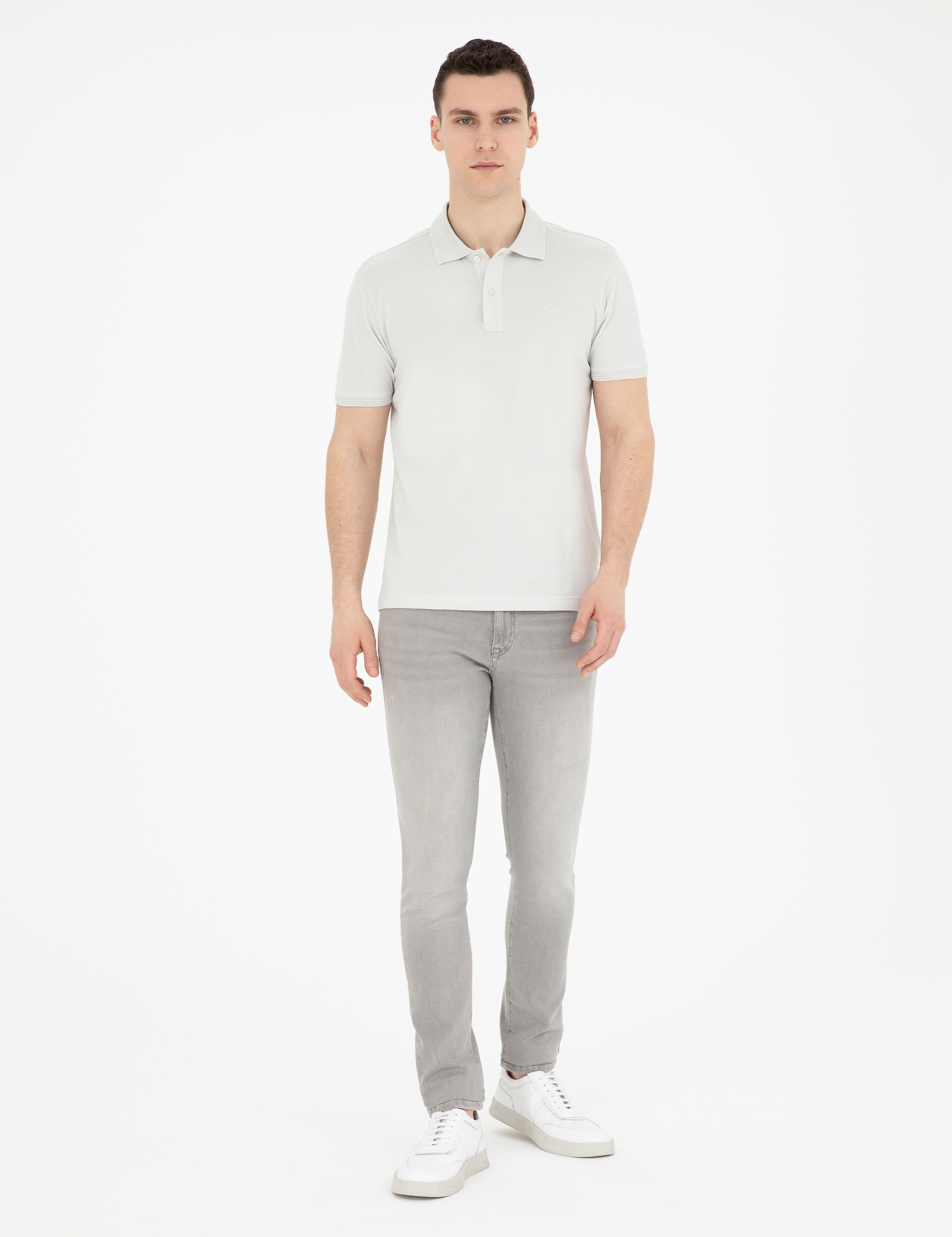 Açık Gri Slim Fit %100 Pamuk Basic Tişört - Image 4