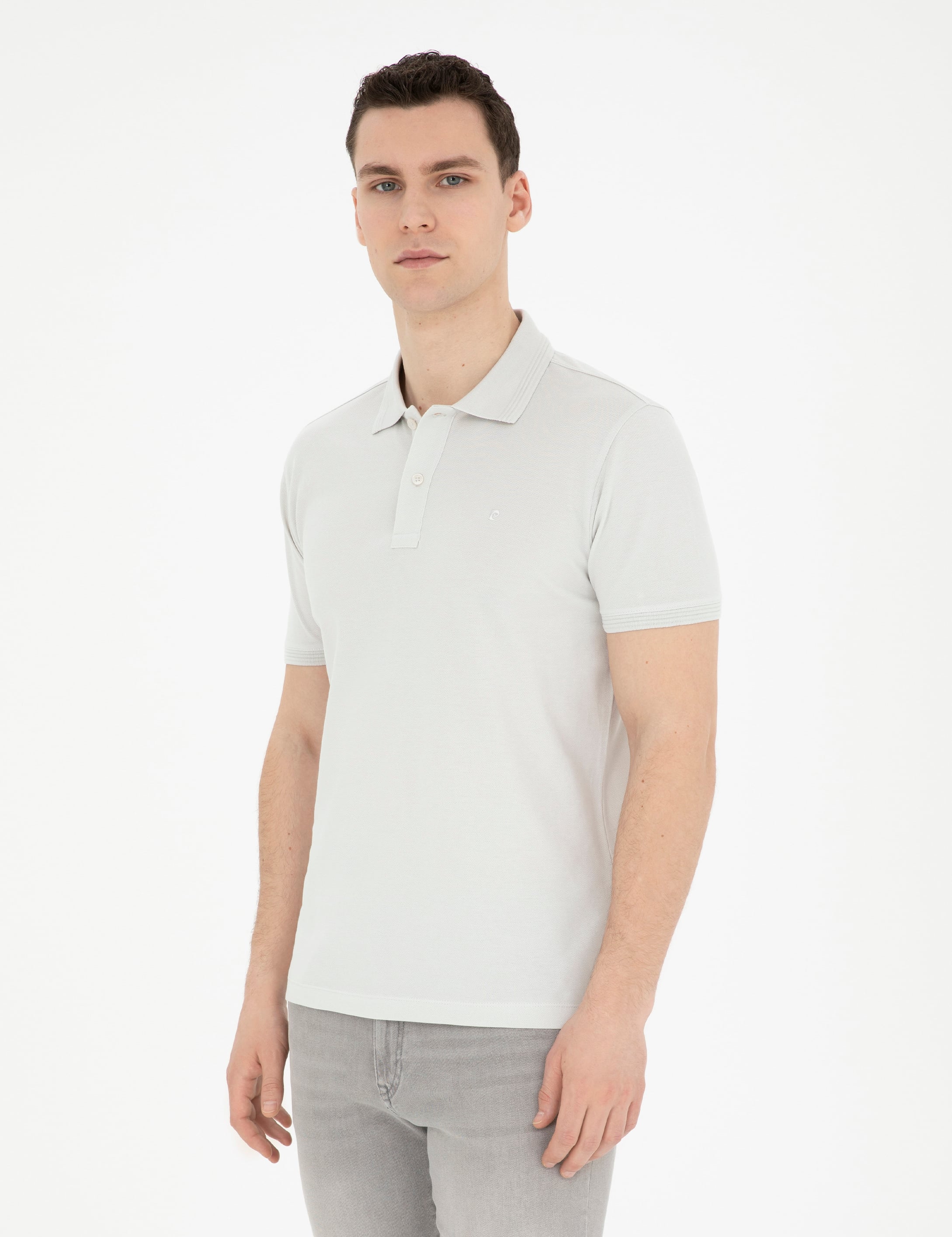 Açık Gri Slim Fit %100 Pamuk Basic Düğmeli Polo Yaka Basic Tişört