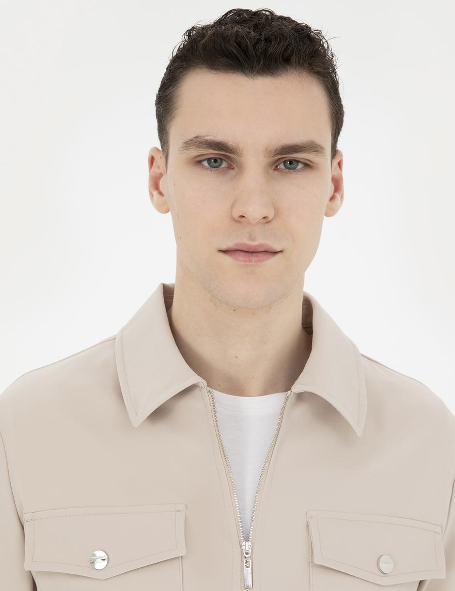 Bej Regular Fit Fermuarlı Ceket