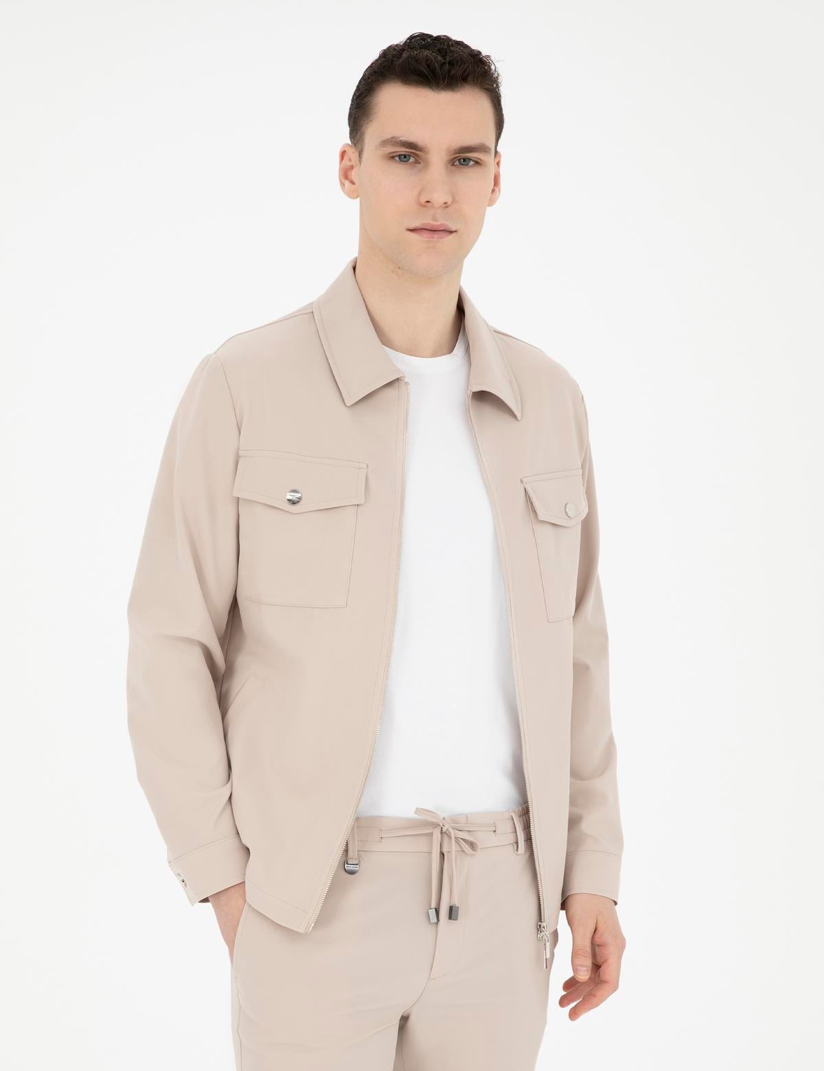 Bej Regular Fit Fermuarlı Ceket