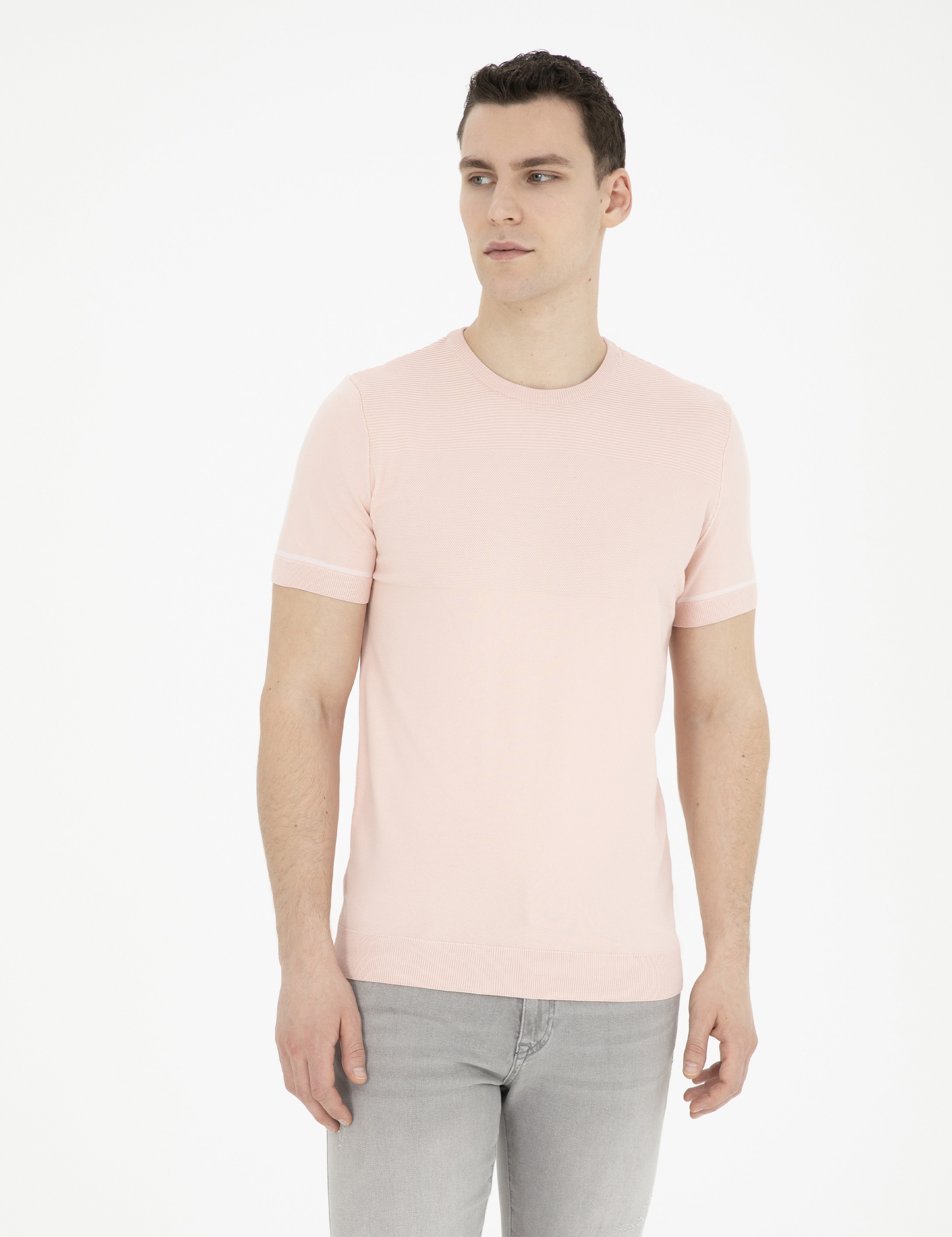 Açık Pembe Slim Fit Bisiklet Yaka Triko Tişört - Image 1