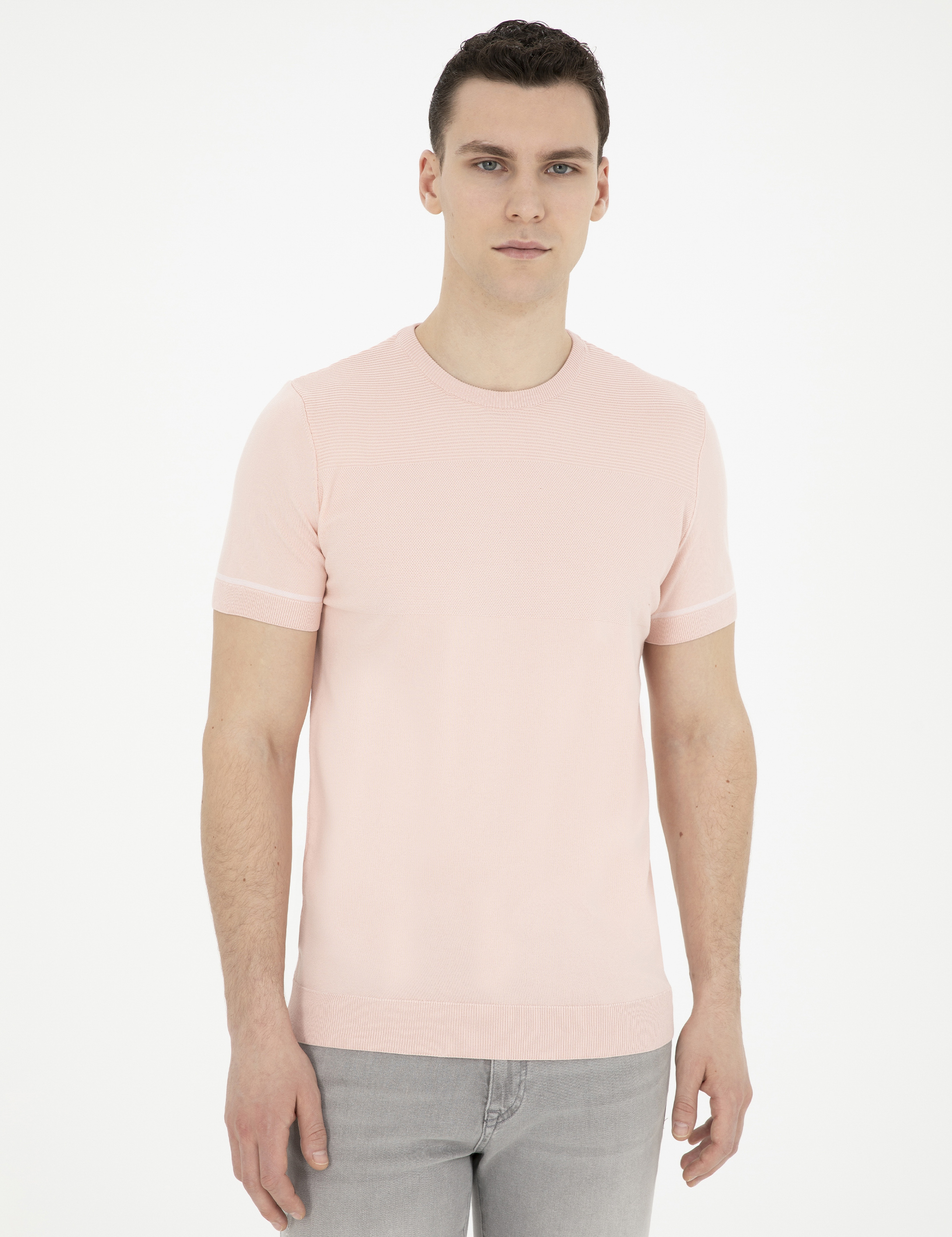 Açık Pembe Slim Fit Bisiklet Yaka Triko Tişört - Image 3