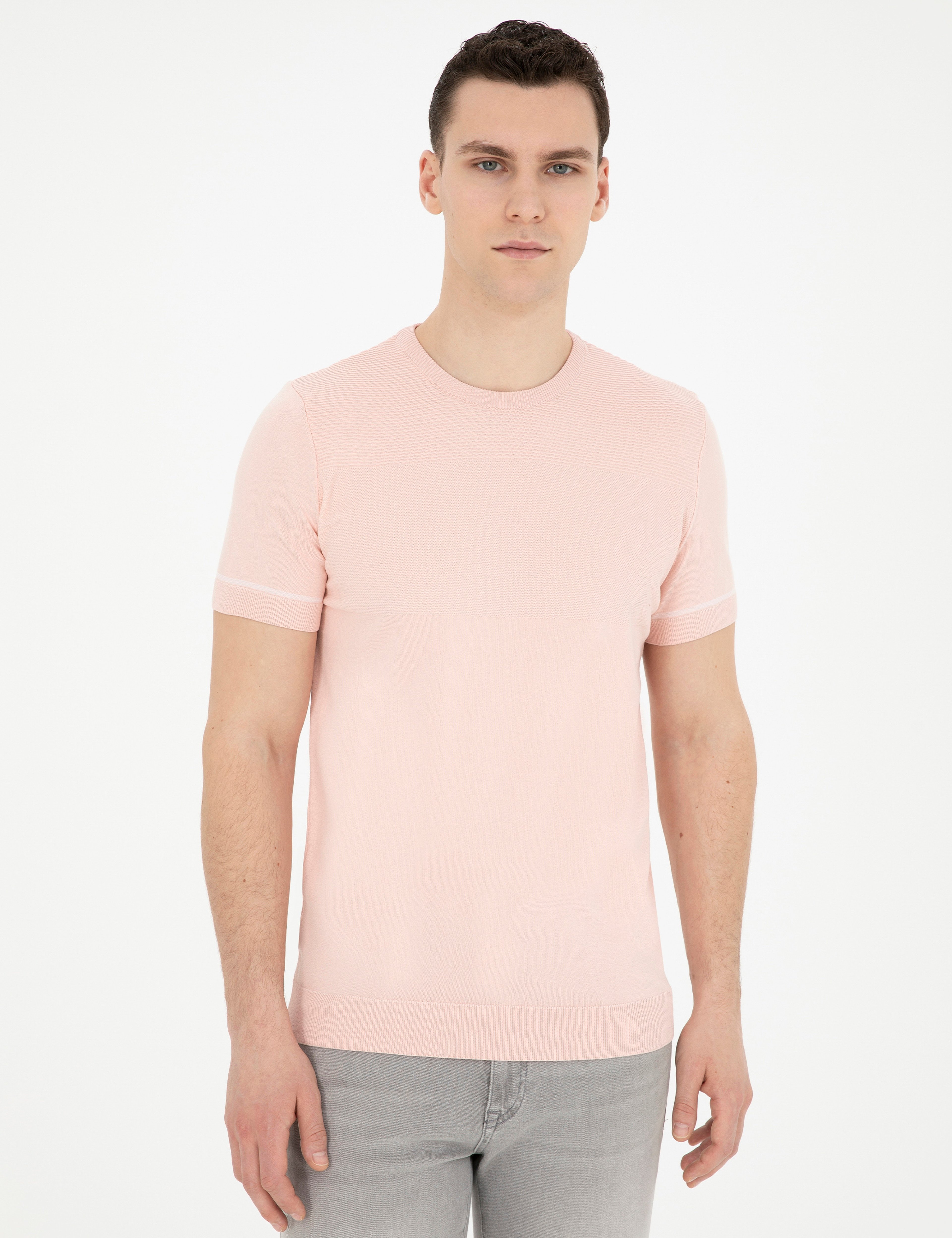Açık Pembe Slim Fit Bisiklet Yaka Triko Tişört