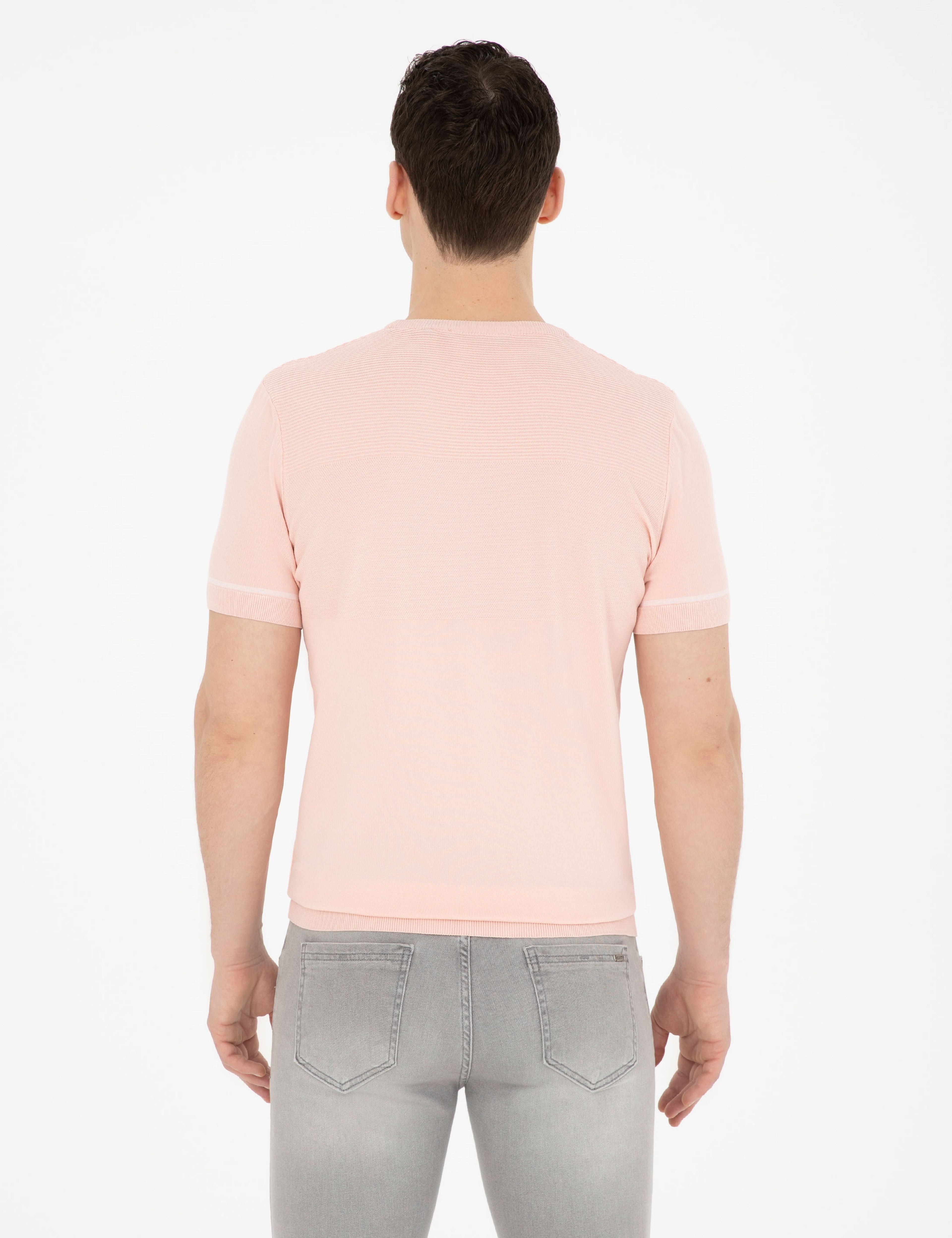 Açık Pembe Slim Fit Bisiklet Yaka Triko Tişört - Image 5