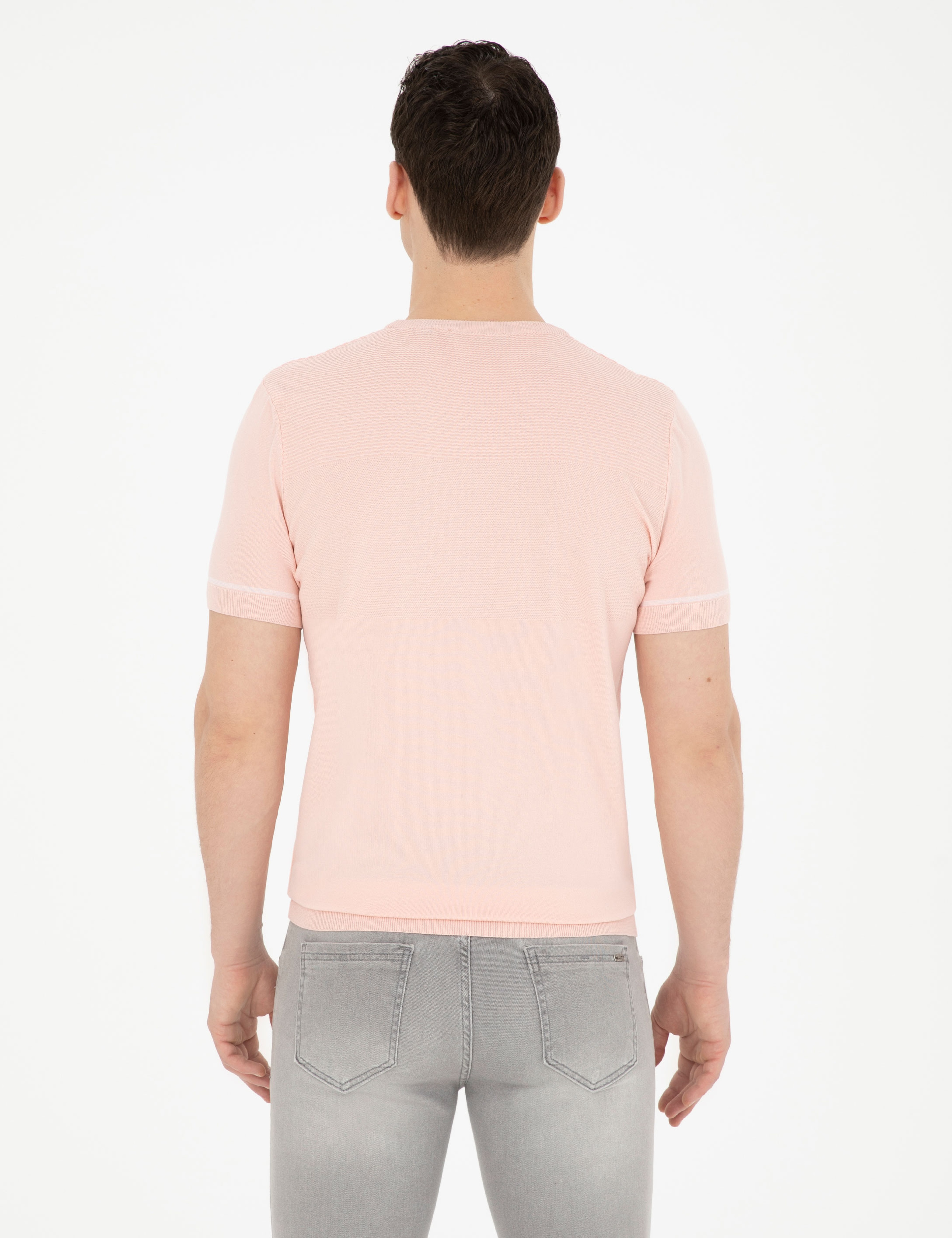 Açık Pembe Slim Fit Bisiklet Yaka Triko Tişört