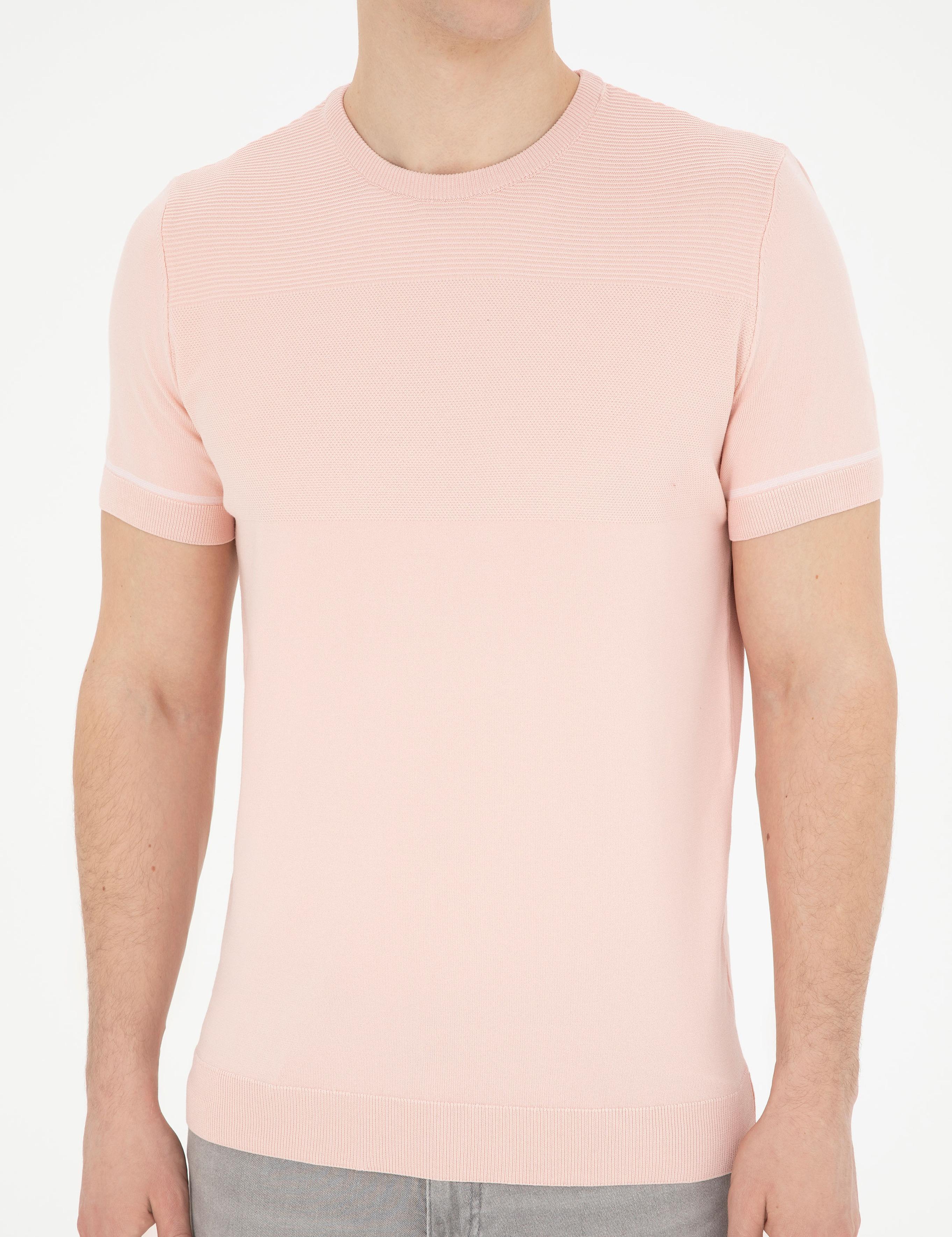 Açık Pembe Slim Fit Bisiklet Yaka Triko Tişört