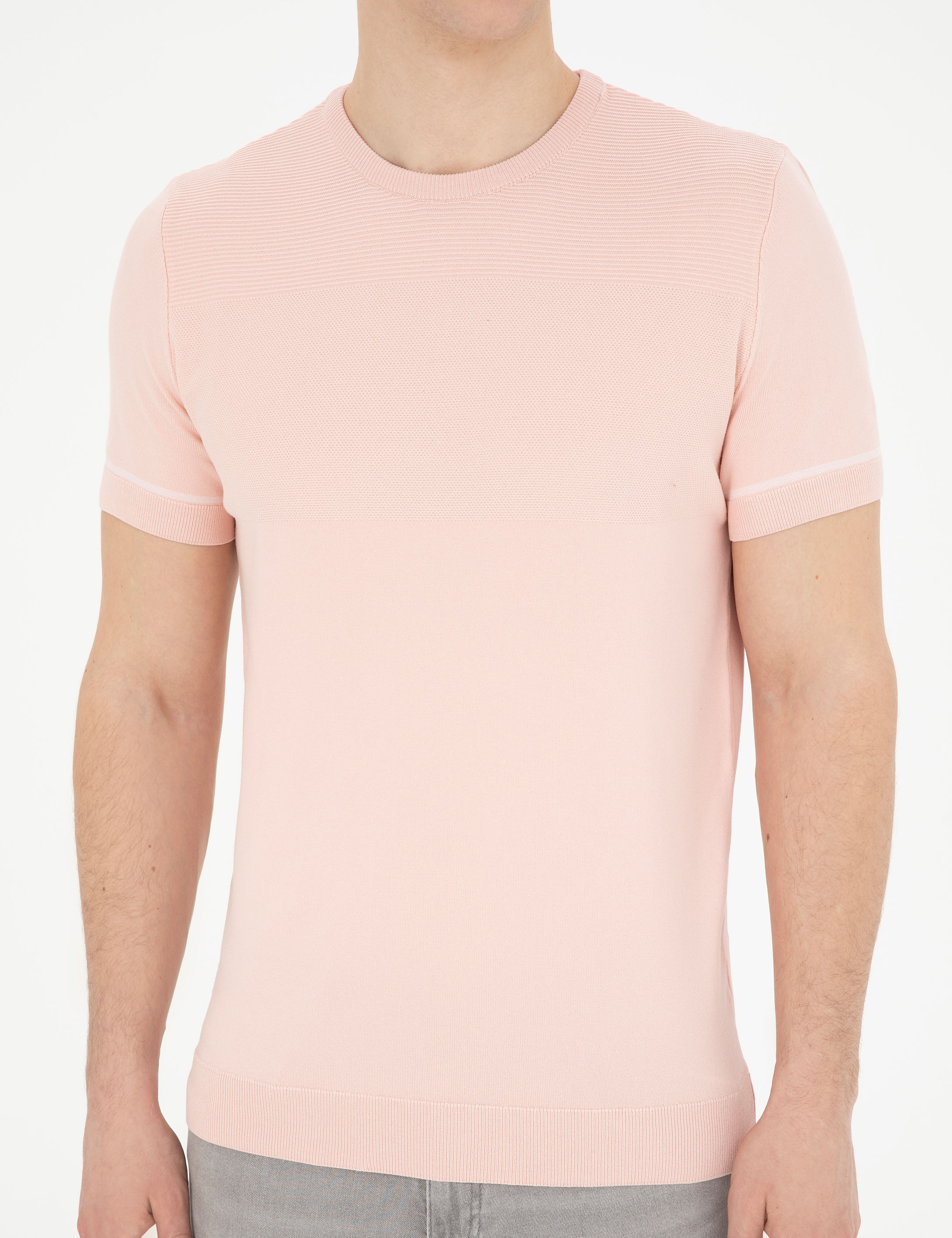 Açık Pembe Slim Fit Bisiklet Yaka Triko Tişört - Image 6