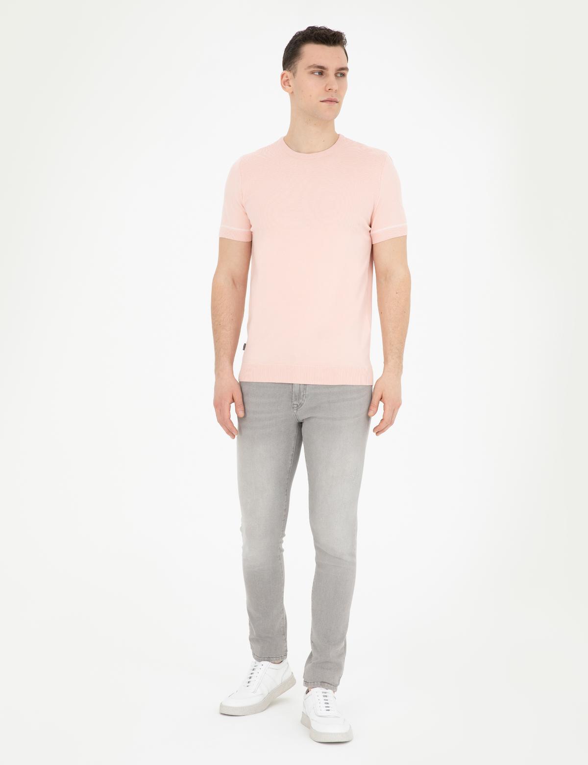 Açık Pembe Slim Fit Bisiklet Yaka Triko Tişört - 50288117023