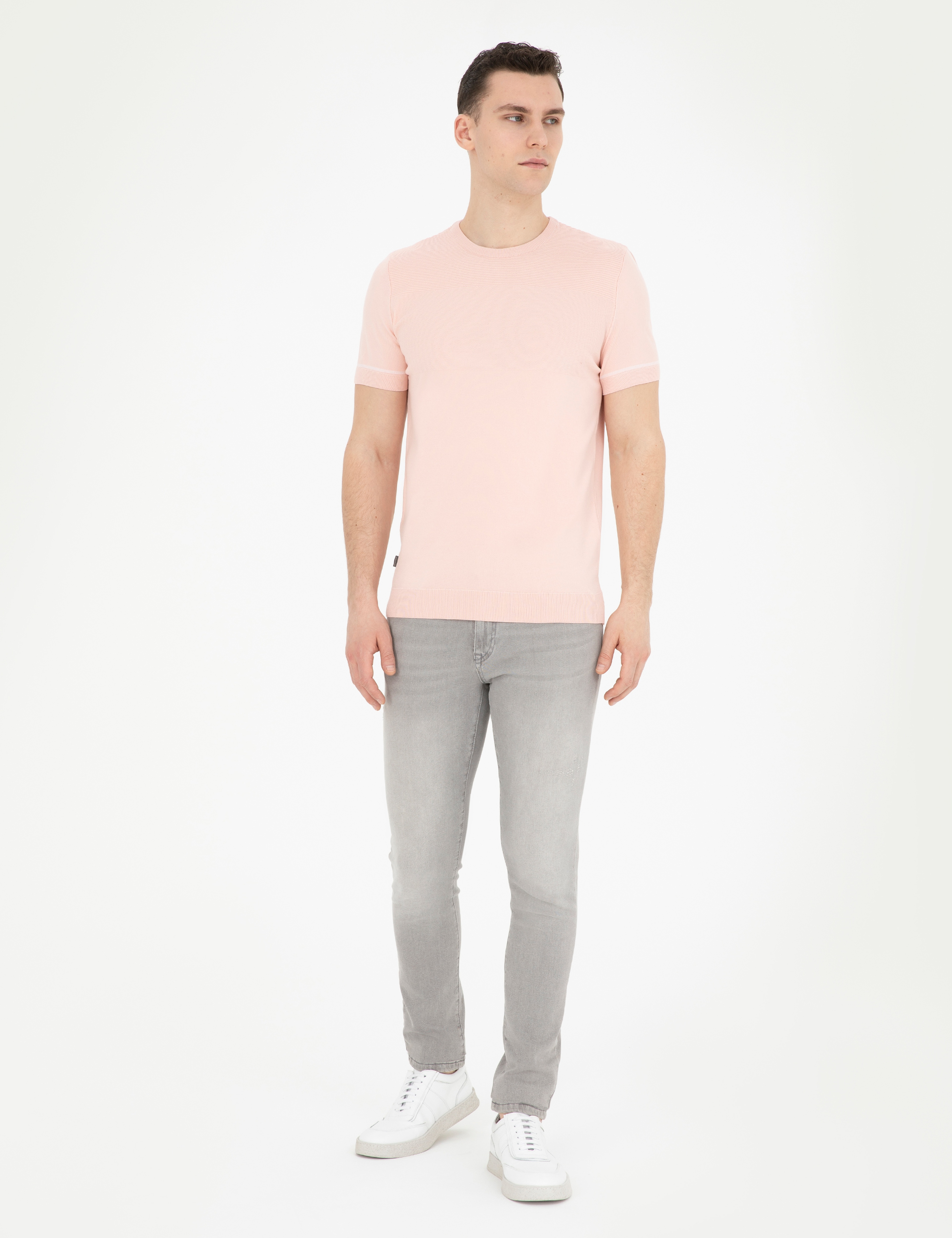 Açık Pembe Slim Fit Bisiklet Yaka Triko Tişört