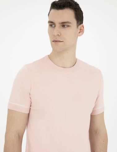 Açık Pembe Slim Fit Bisiklet Yaka Triko Tişört