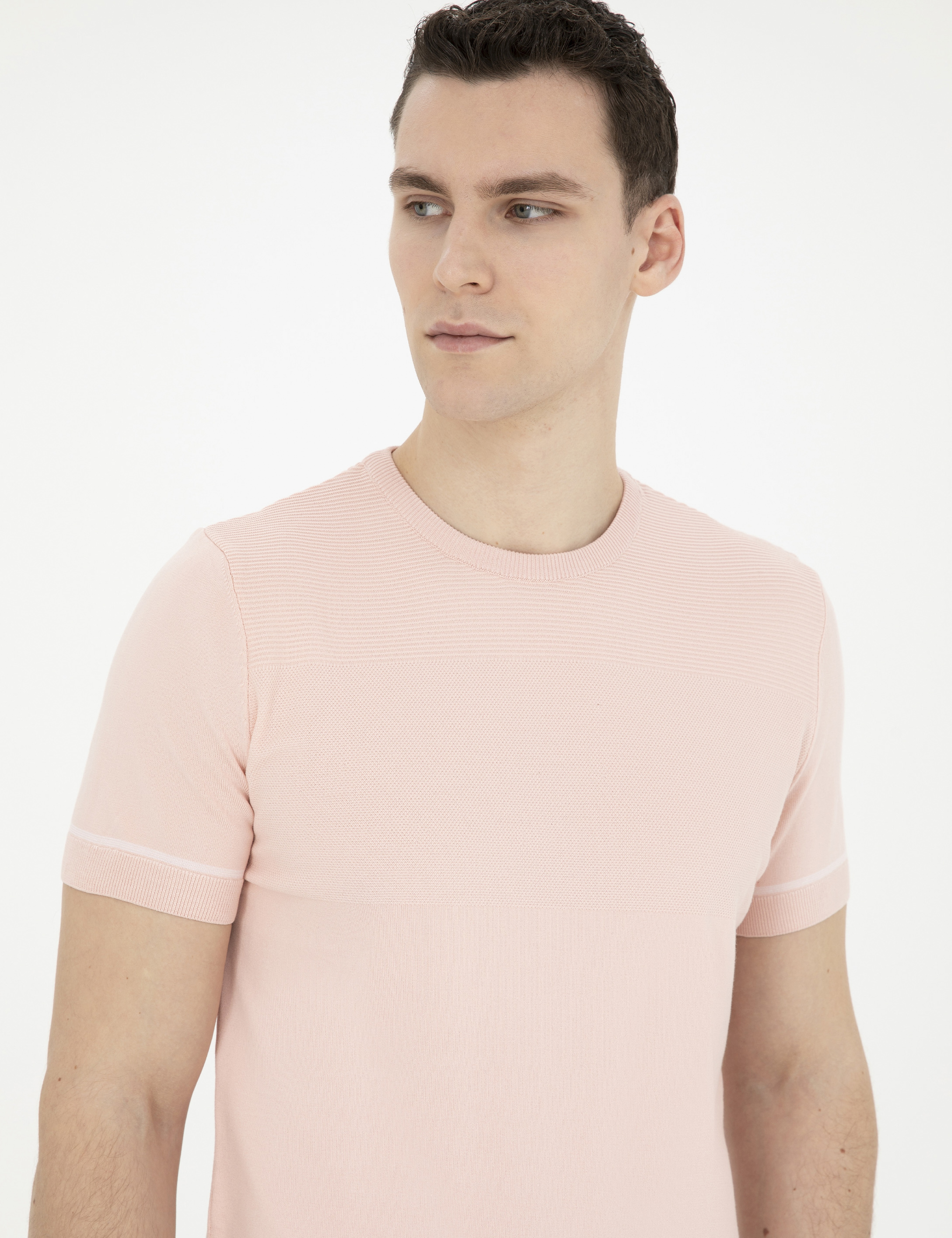 Açık Pembe Slim Fit Bisiklet Yaka Triko Tişört - Image 2