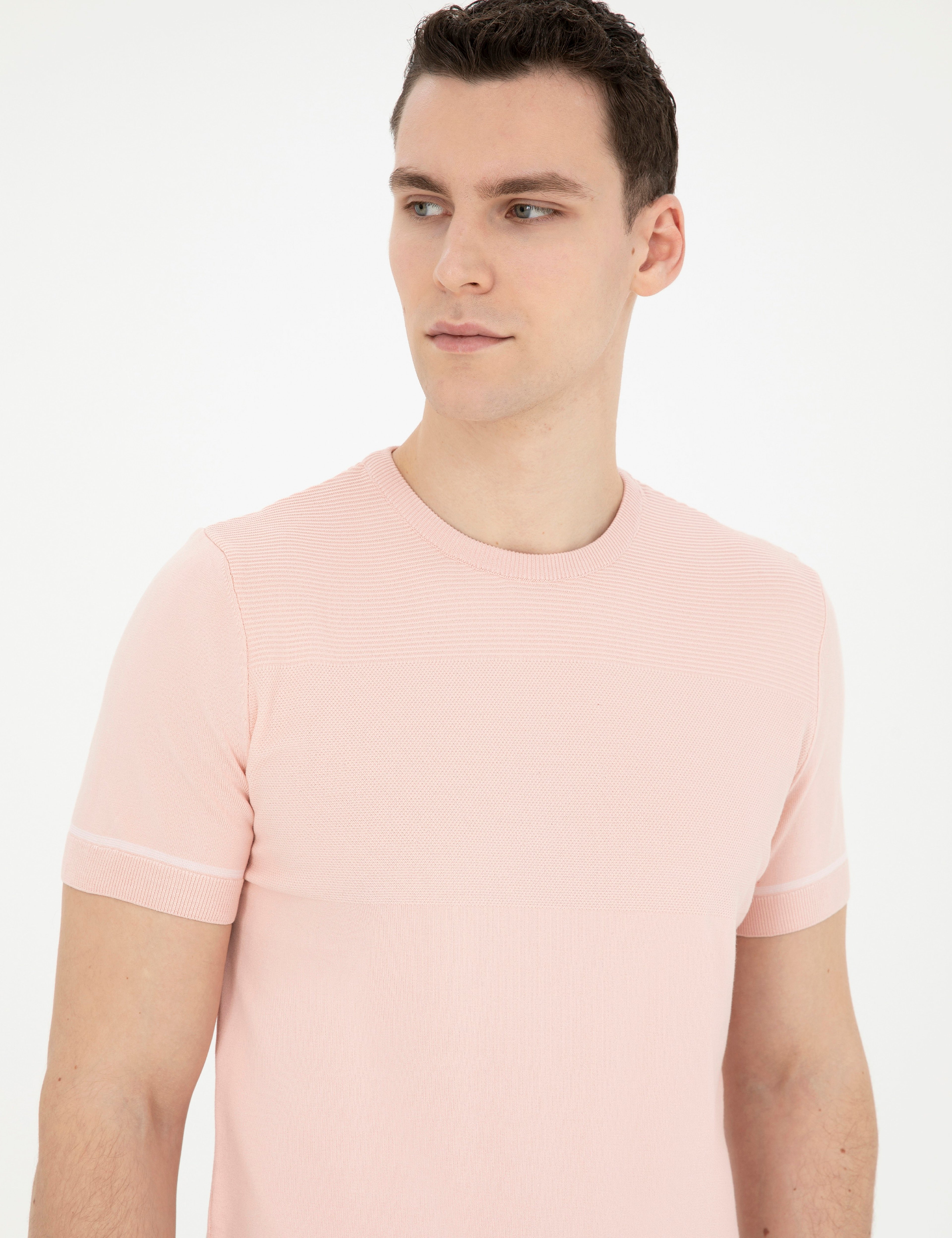 Açık Pembe Slim Fit Bisiklet Yaka Triko Tişört