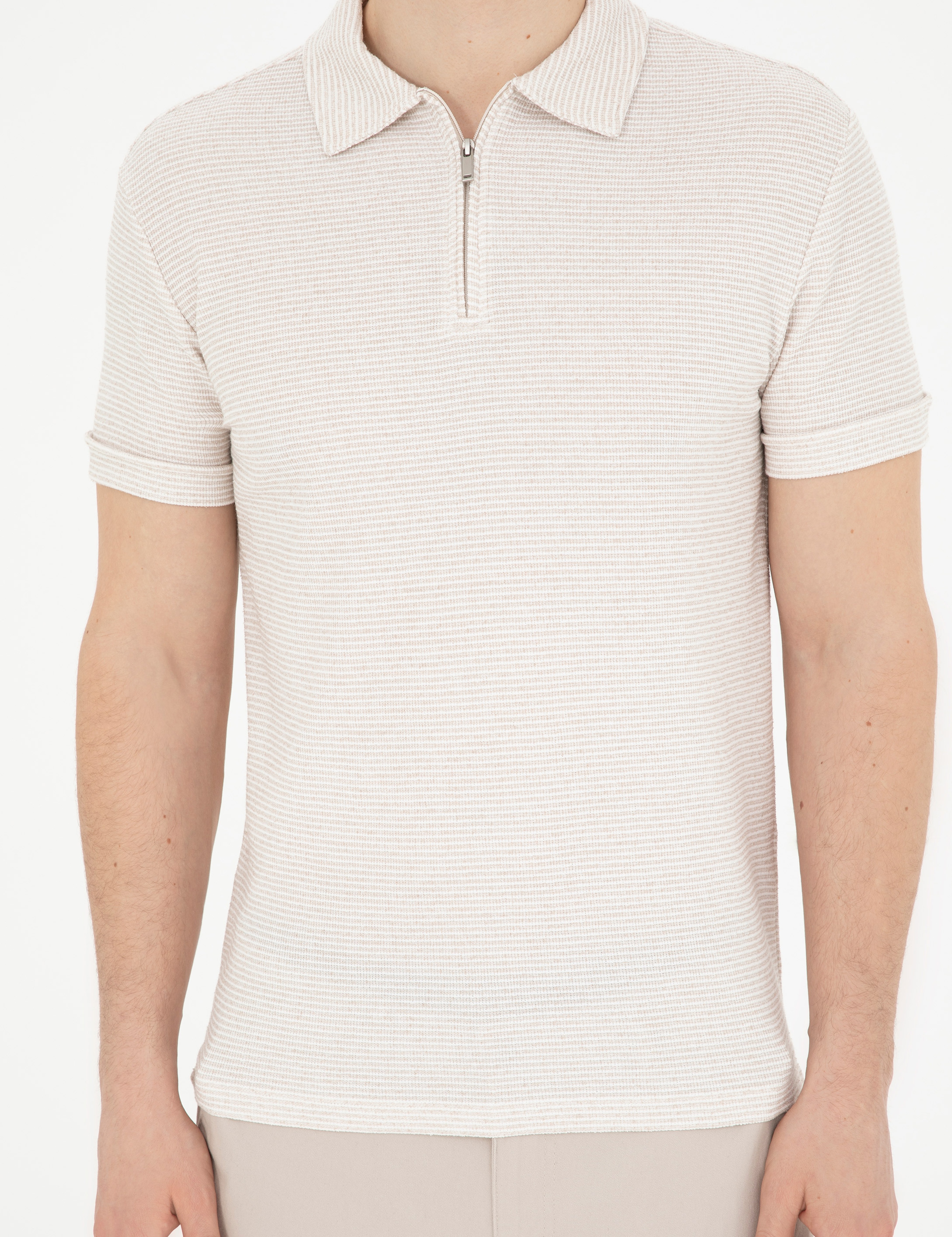 Bej Slim Fit Fermuarlı Polo Yaka Tişört - Image 6