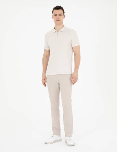 Bej Slim Fit Fermuarlı Polo Yaka Tişört