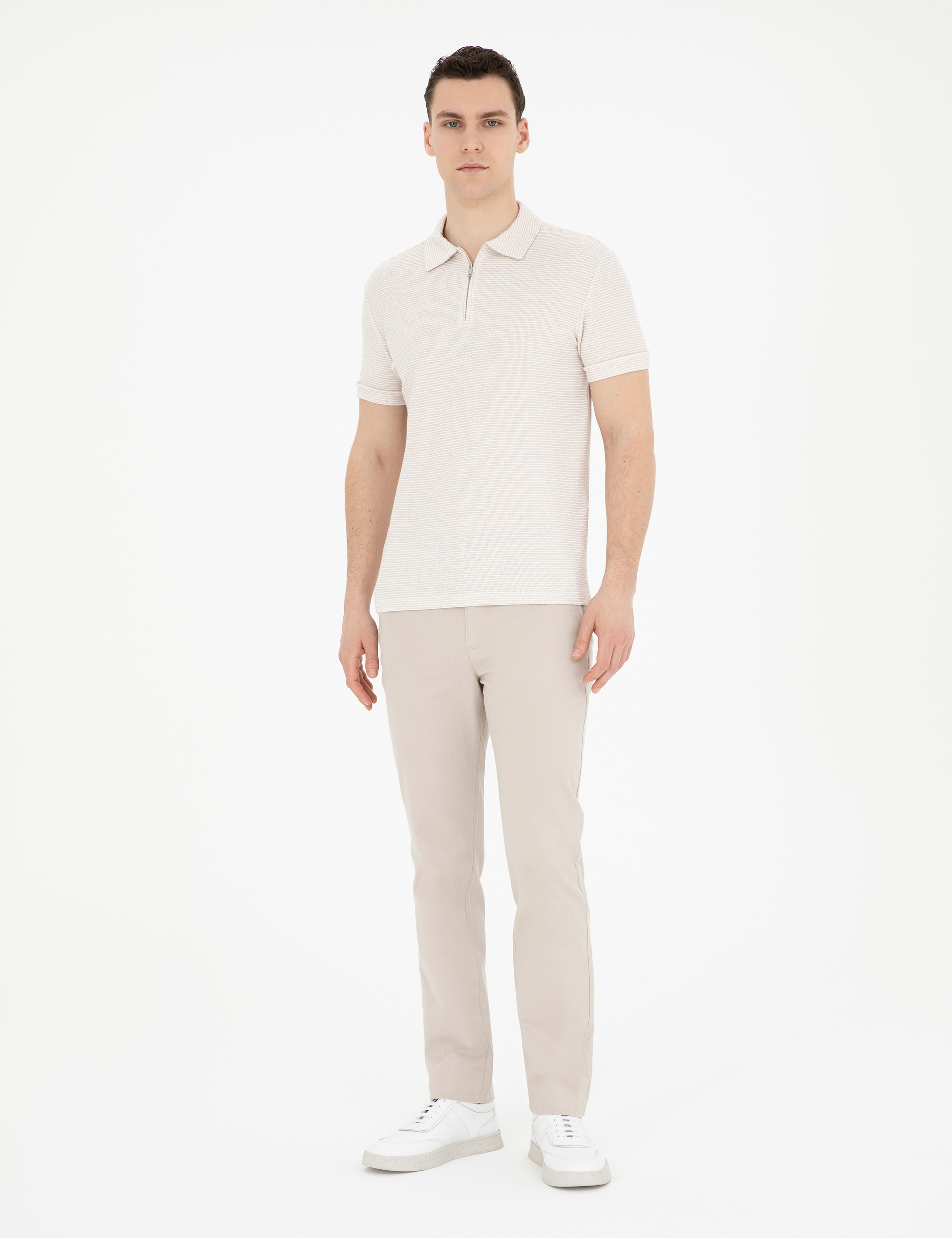 Bej Slim Fit Fermuarlı Polo Yaka Tişört