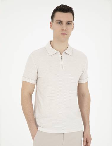 Bej Slim Fit Fermuarlı Polo Yaka Tişört