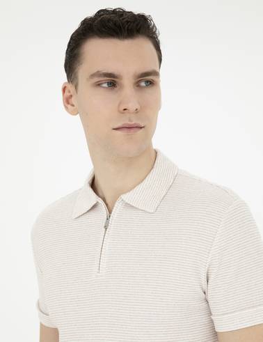 Bej Slim Fit Fermuarlı Polo Yaka Tişört
