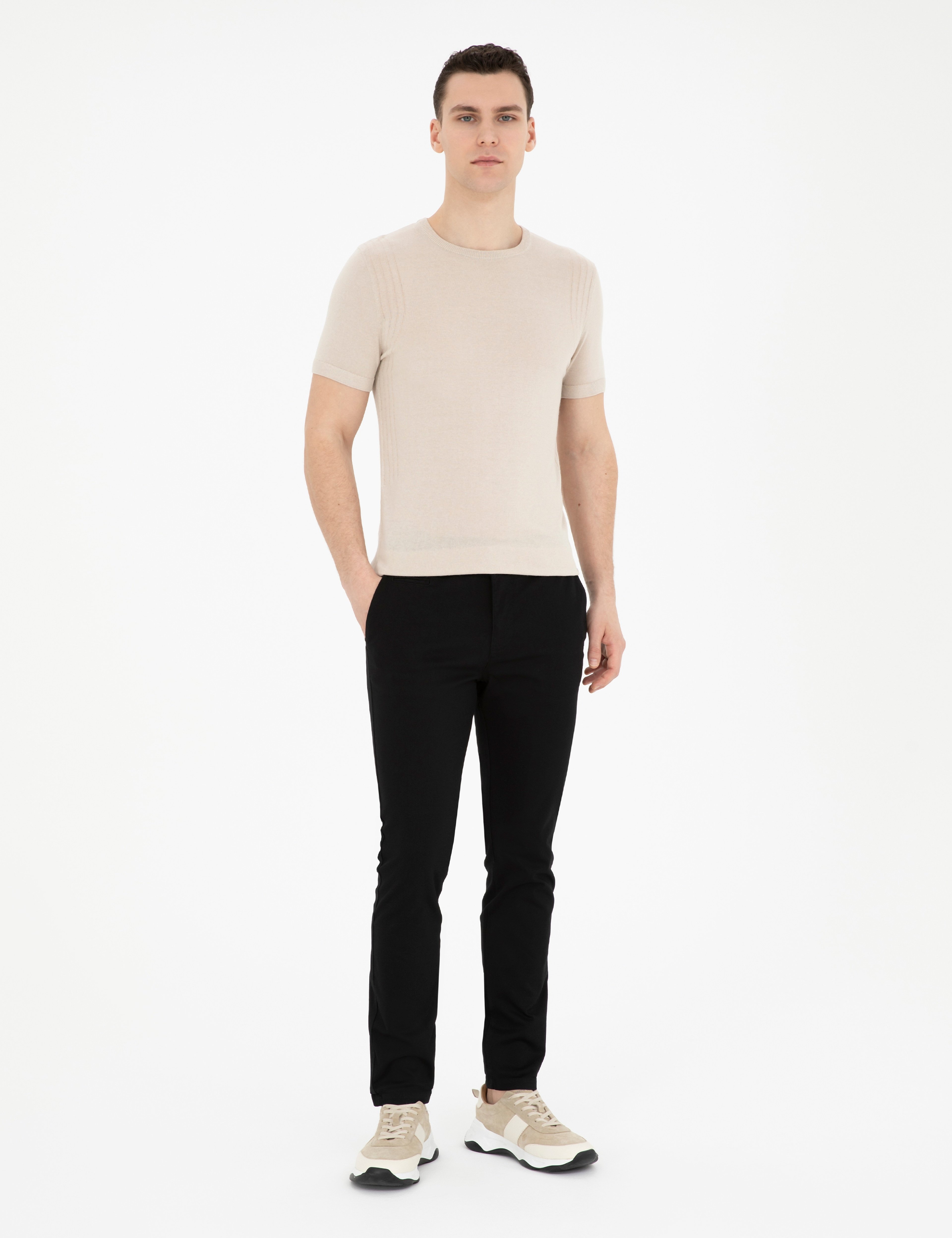 Bej Slim Fit Bisiklet Yaka Triko Tişört - Image 4